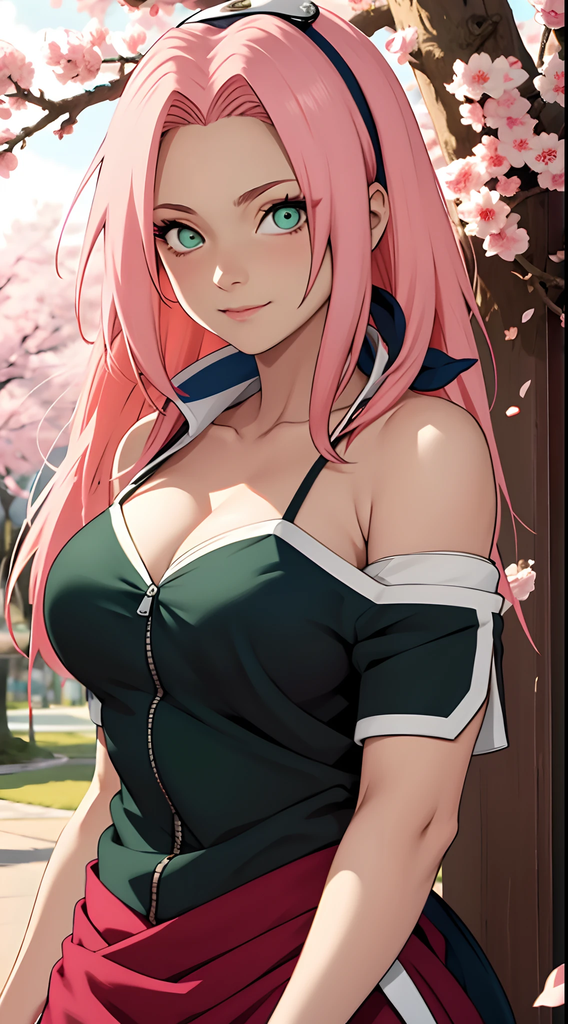 tmasterpiece， Best quality at best， 1girll， Sakura Haruno， Large breasts，Off-the-shoulder attire，（cleavage)，（upperbody closeup)，Raised sexy，is shy，ssmile，with pink hair， long whitr hair， （Green eyeballs:1.4)， Forehead protection， the cherry trees，Cherry blossoms flying，Red clothes，Zipper half