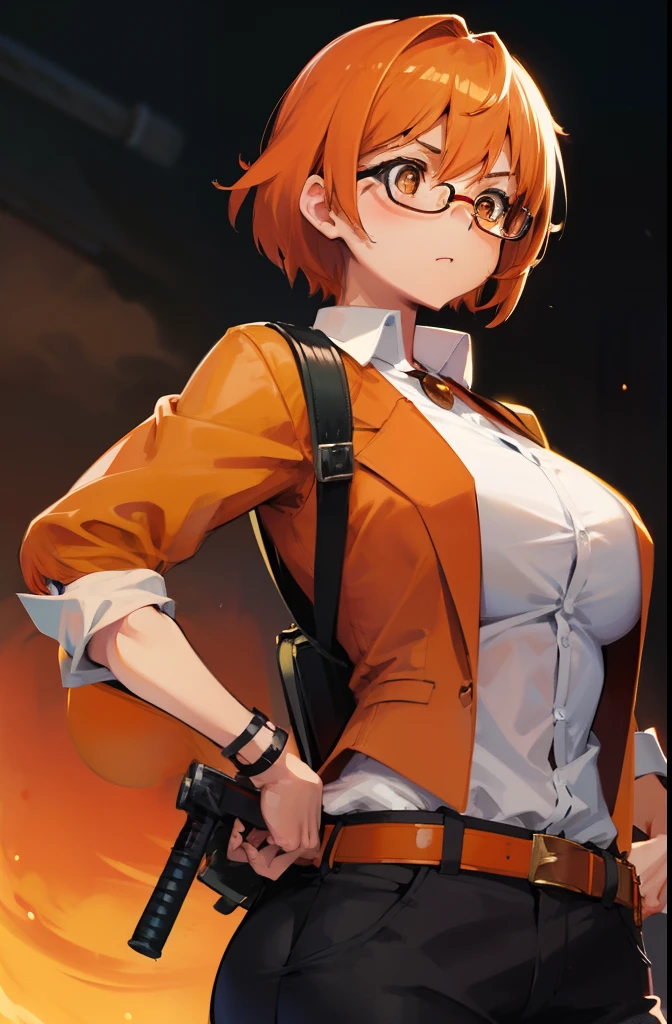 Female ,Enthusiastic, Round orange glass glasses, big breasts, Short orange hair, Small hips, Working as detective, detective clothes, investigating, weapon holsters, katana on the back