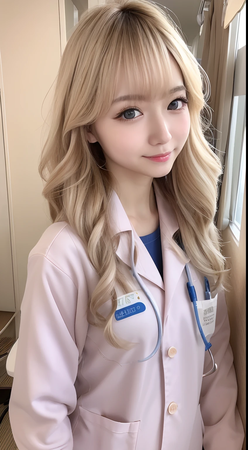 4K、Raw photo、Photoreal Stick、hight resolution、Cute 18 year old woman in Japan , Face like an idol、skin tanned、sun burn、Light blonde medium wavy hair、With bangs、 Cute Real Photo Girl、Care Worker、Scrub Medical Suit、In the hospital