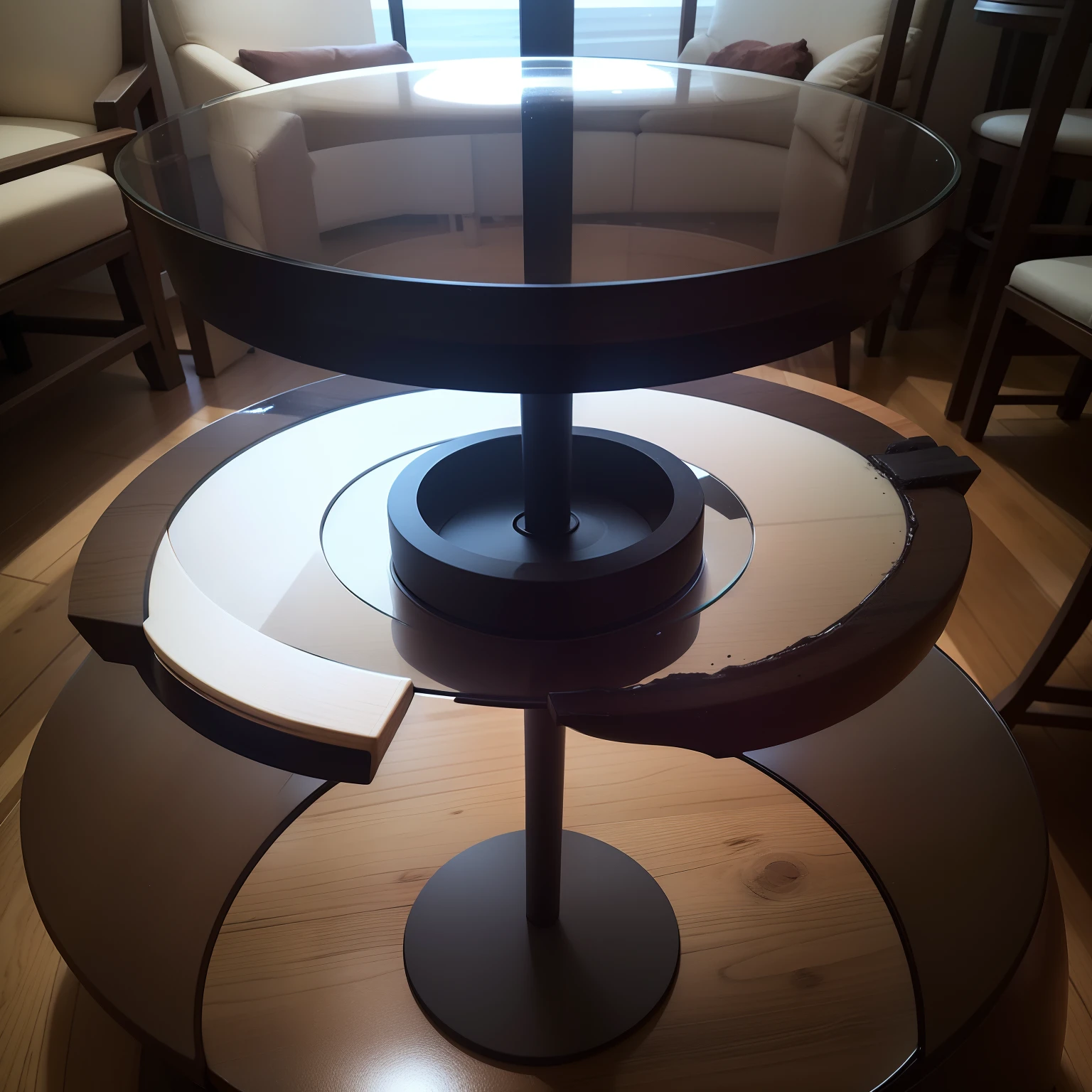 The overall environment is a stand，A huge wine glass was placed in the center of the stand。The wine glass is surrounded by a ring device，Holding the glass in the air allows it to have room to shake。There is an opaque cylinder above the wine glass，There is a hole in the middle，Black dirt is constantly spilled from the inside into the glass。