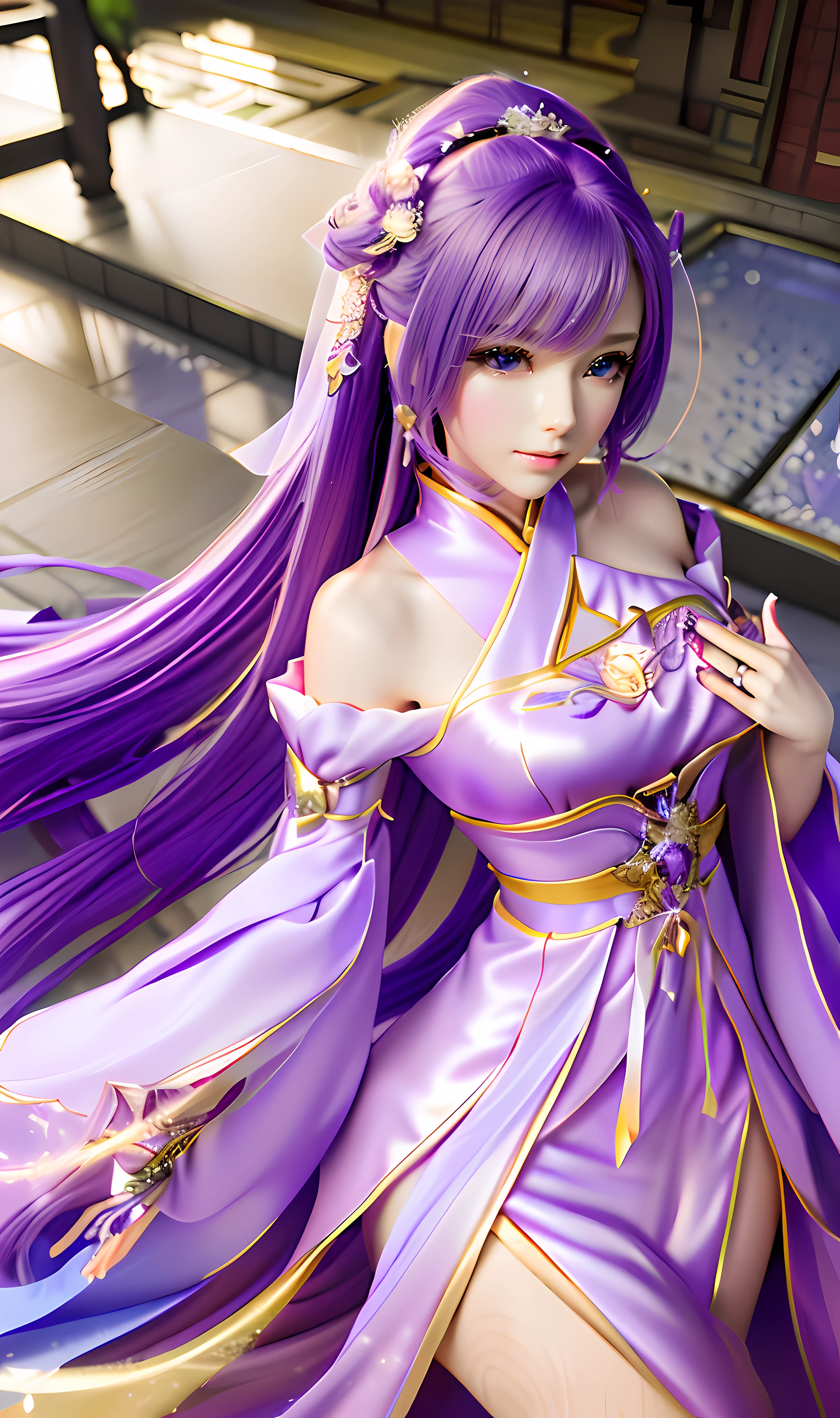 Alafi in a purple dress and long purple hair, photorealistic anime girl rendering, Anime goddess, royal elegant pose, heise jinyao, zhongli from genshin impact, 3 d anime realistic, anime styled 3d, Beautiful and cute anime woman, a beautiful fantasy empress, Smooth anime CG art, ((a beautiful fantasy empress)) adolable