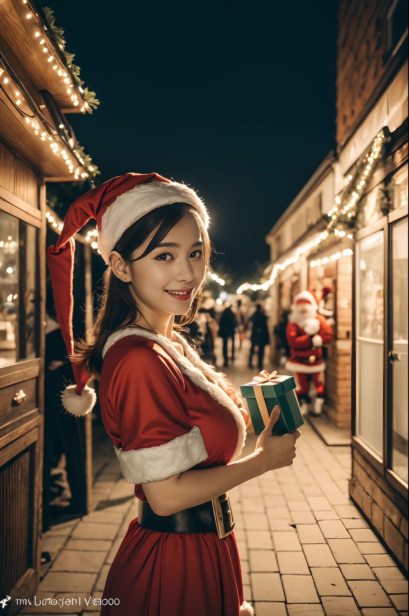 (((santa claus costume))),(((looking at viewer:1.5))),(((holding a giftbox))),(((view full body))),(((Photographing a girl from side))),ulzzang-6500-v1.1, (Raw photo:1.2), (Photo realistic:1.4), a beautiful detailed girl, extremely detailed eye and face, beautiful detailed eyes, ultra-detailed, High resolution, top-quality, ​masterpiece, highly detailed, 8k wallpaper, Wonderful, finely detail, top-quality, Light on the face,电影灯光,1girl in,(Christmas market in Stuttgart),Beautiful eyes,smile,Opening Mouth