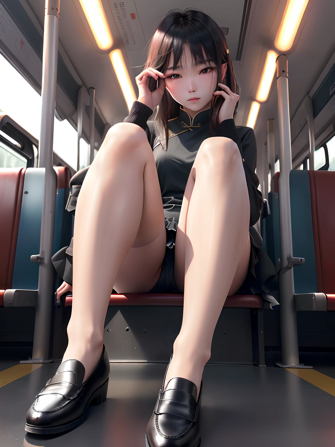 "On an empty bus，Chinese woman sitting in a bus seat，Wheat-colored skin, Sexy slender legs，Legs crossed，Slim and toned，Beautiful and slim，close-up on legs，Bare with thighs，legs intertwined，Slender calves，Solitude，The weather is dim，The scene is gloomy，haughty，Small leather shoes，whitestocking。