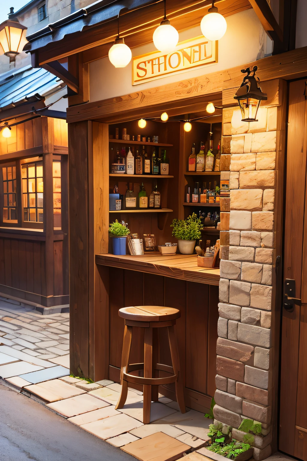 Small shop with windows，Table outside the window，Stool hanging cabinet wooden door，A little eaves，Stone paving on the walls，pub，dine，The lights are dim