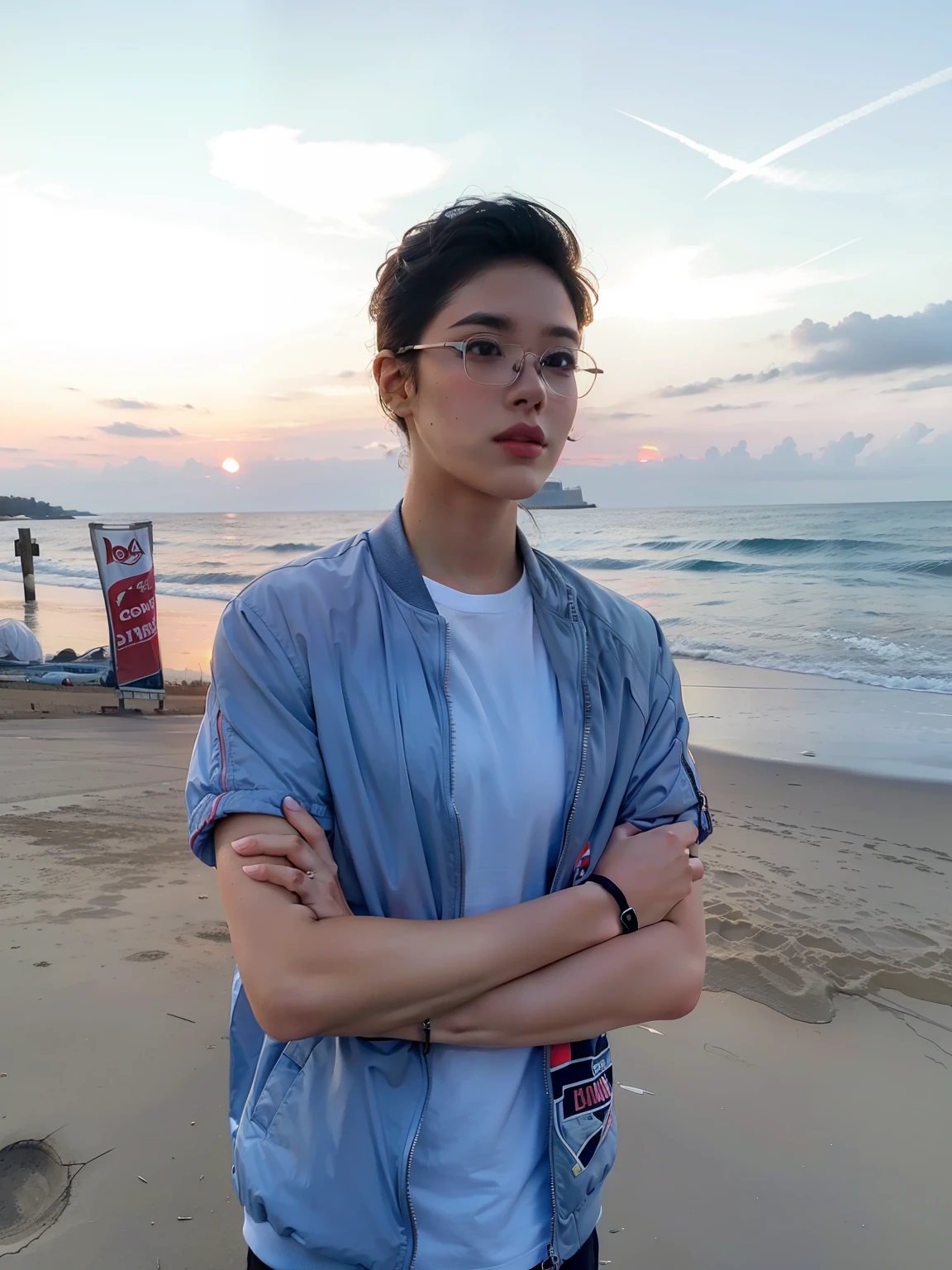 Sunset in the background, stylish jacket, ultra realistic