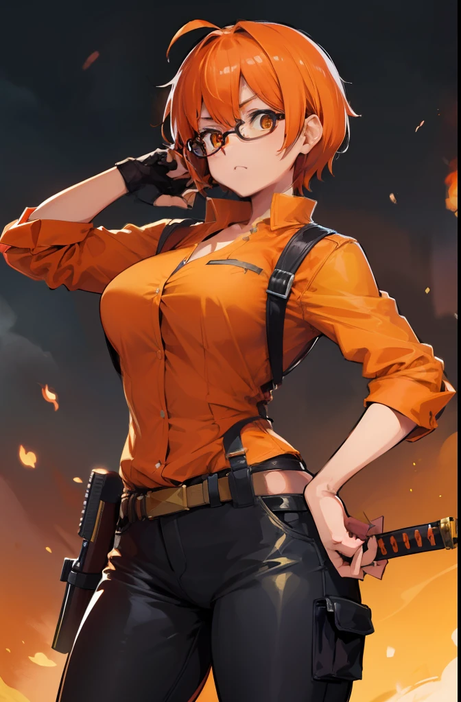 Female ,Enthusiastic, Round orange glass glasses, big breasts, Short orange hair, Small hips, Working as detective, detective clothes, investigating, weapon holsters, katana on the back