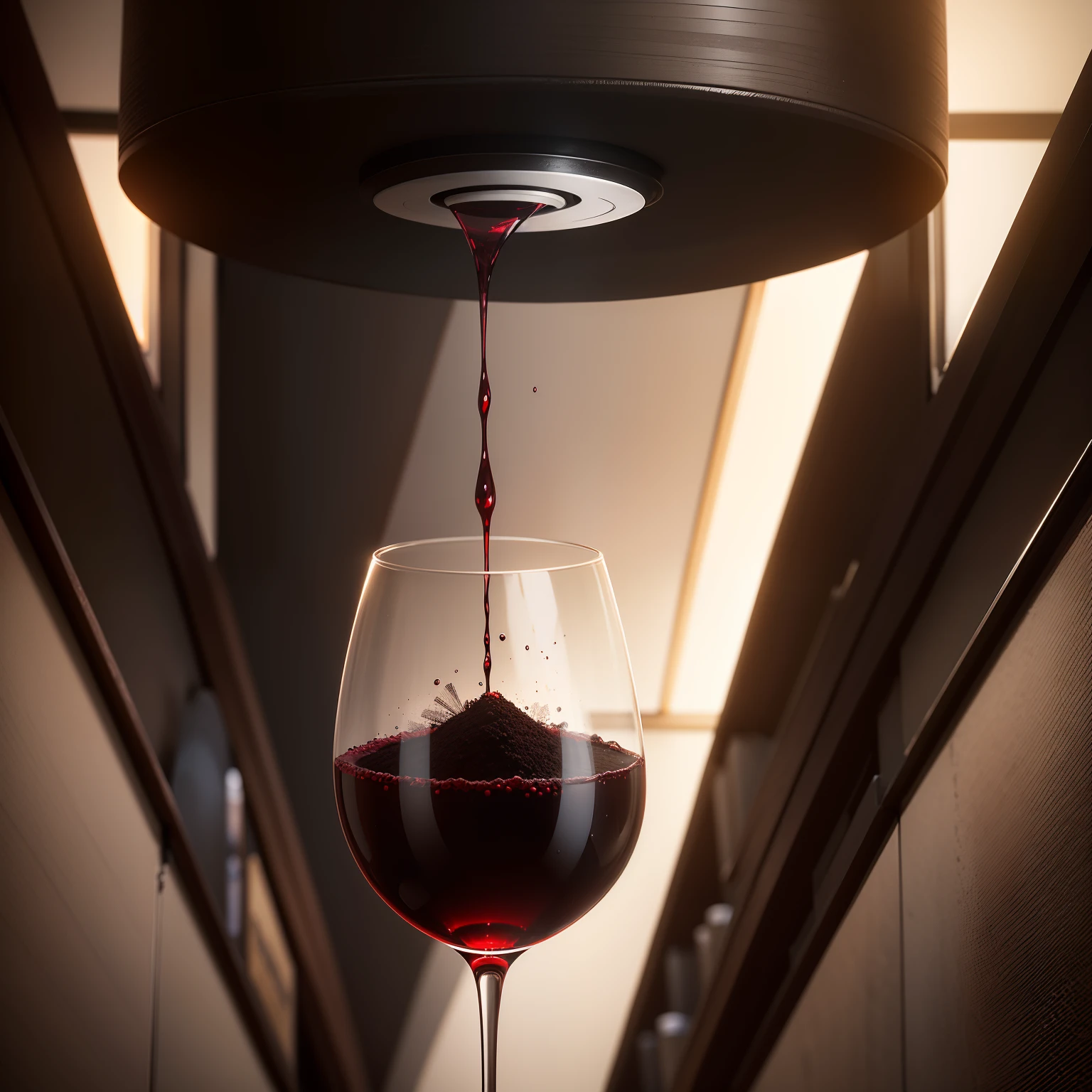It is firmly held by the ring device!The glass of red wine hanging high in the air is not red wine, but black soil!This art installation is oriented towards us,We can clearly see the soil particles in the mouth of the cup!