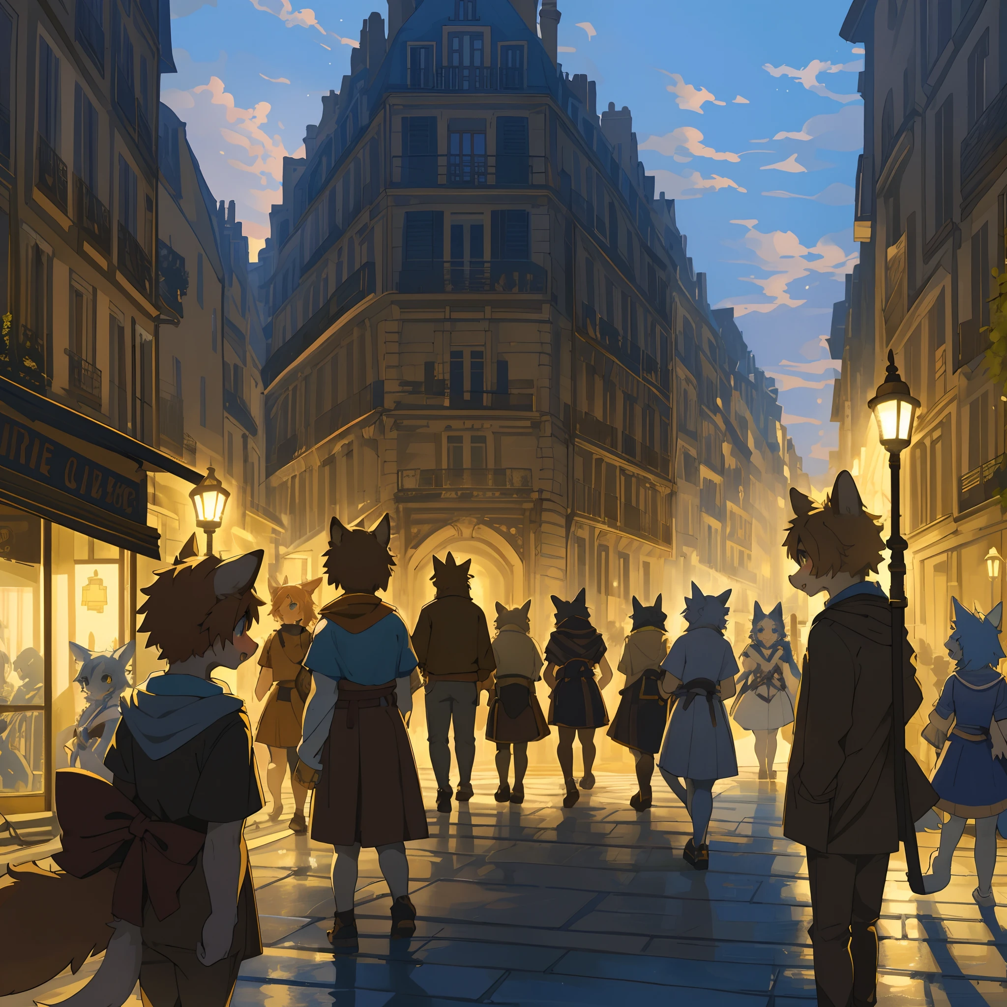 top quality, best quality, High-quality illustrations, masterpiece, super high resolution, detailed background, Streets of Paris, The fountain, 6+boys, 6+girls, absurdres(highly detailed beautiful face and eyes)perfect anatomy, expression, good lighting, cinematic shadow(kemono, furry anthro)orted poses, dynamic angle, panel layout,