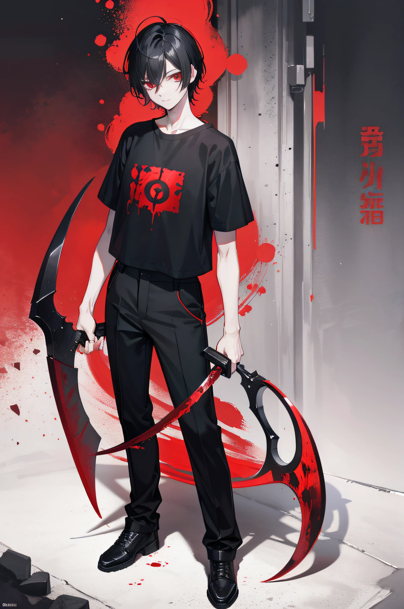 with short black hair,Red-eyed teenage boy,Stand on the street where there is no one at night,extreme hight detail,short- sleeved,shorter pants,Holding a huge blood-colored scythe in one hand