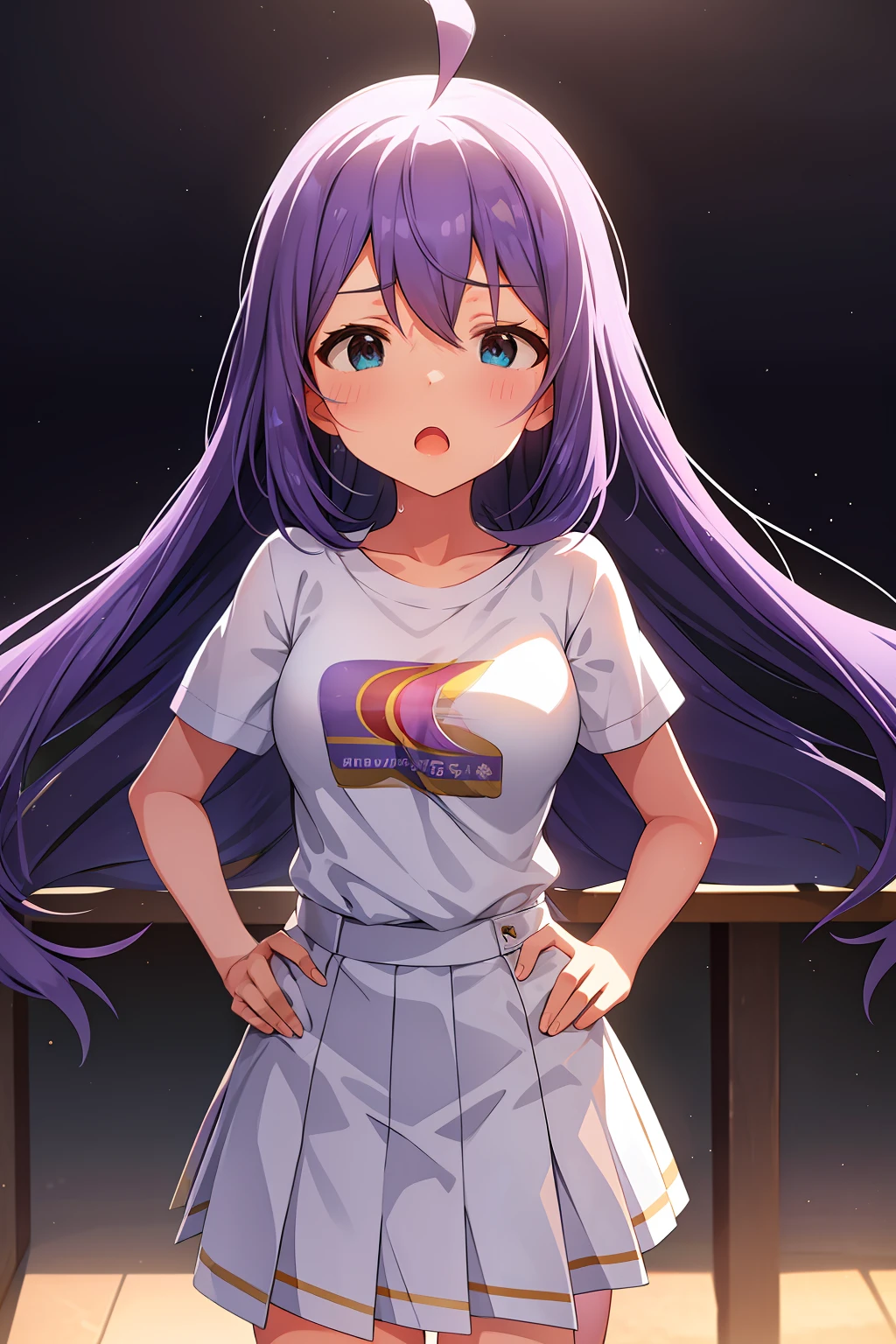 mochizuki anna,1girl in,Solo,Long hair,Purple hair,big breasts.Ahoge,Blue eyes.Short stature.white t-shirts.suspenders.Skirt.Evening glow.the setting sun.Despair face.Sweat.Opening Mouth.up chest.Put your hands on your hips.