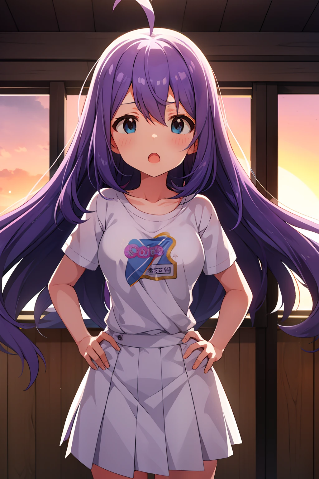 mochizuki anna,1girl in,Solo,Long hair,Purple hair,big breasts.Ahoge,Blue eyes.Short stature.white t-shirts.suspenders.Skirt.Evening glow.the setting sun.Despair face.Sweat.Opening Mouth.up chest.Put your hands on your hips.