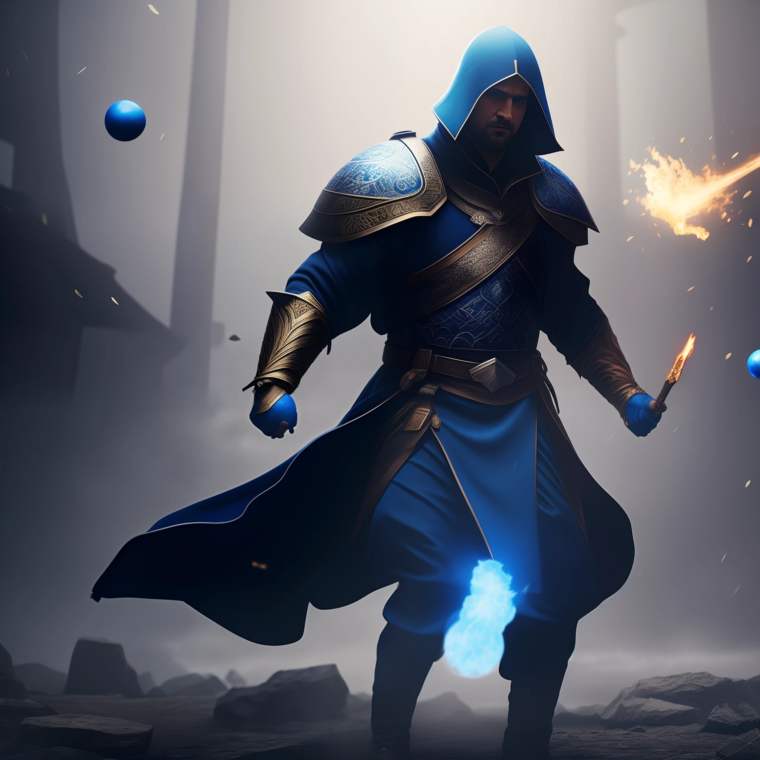 Man throwing blue irredentist blue balls, concept art, 4k