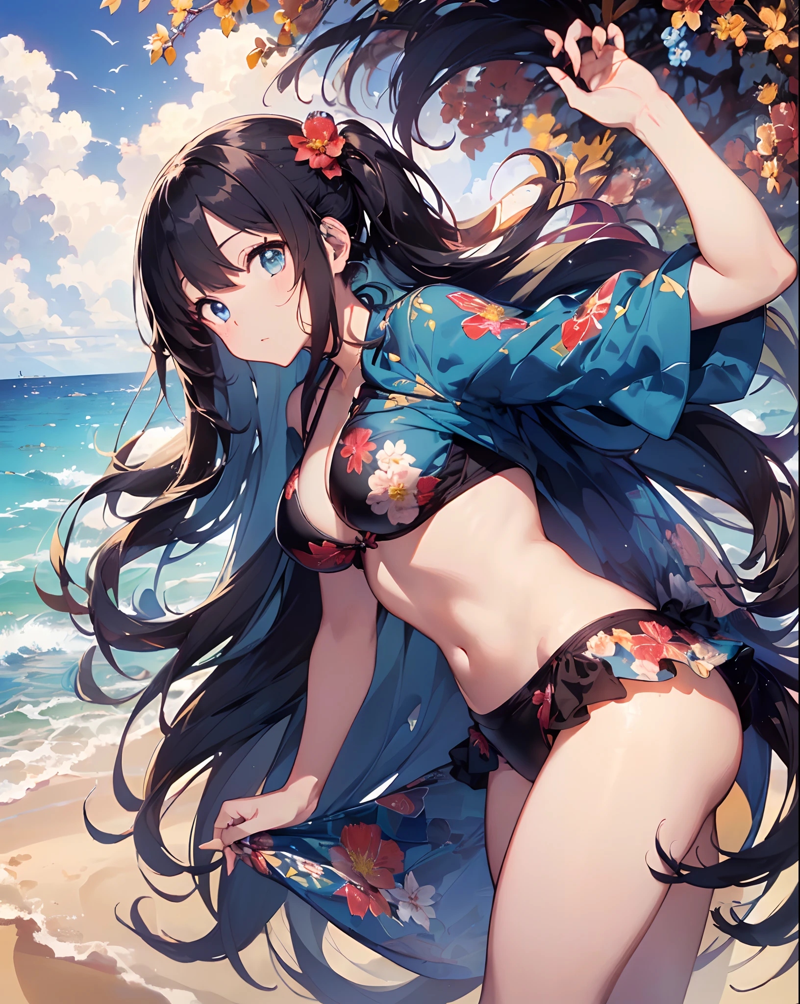 ((masterpiece))、((top-quality)、(Super Detail)、in 8K、Delicate depictions are filmed in anime style。
(Very long hair、Dark hair、Bright blue eyes)18year old、(Full body:1.3)、Standing、Rear view、poneyTail、Clear, Beautiful eyes、Turned、Bikini with red floral pattern、Into the cloud、Dazzling sun、sand beach、