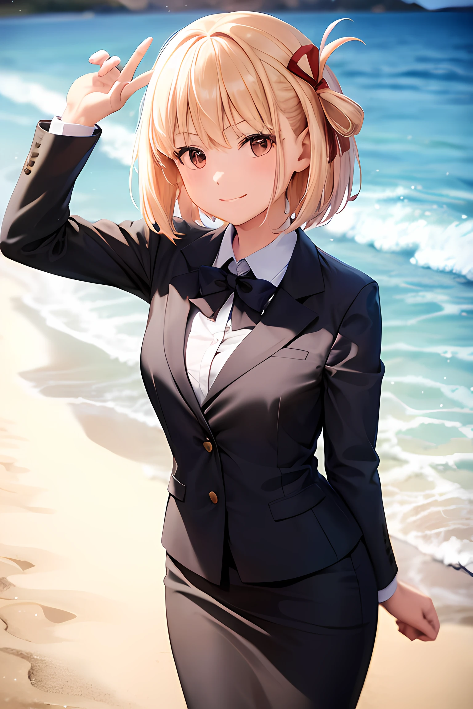 1girl, chisato nishikigi, suit, beach background, office lady, black skirt, black blazer, pencil skirt, white shirt, blonde hair, bob cut, hair ornament, red hair ribbon, short smile, teenager,
