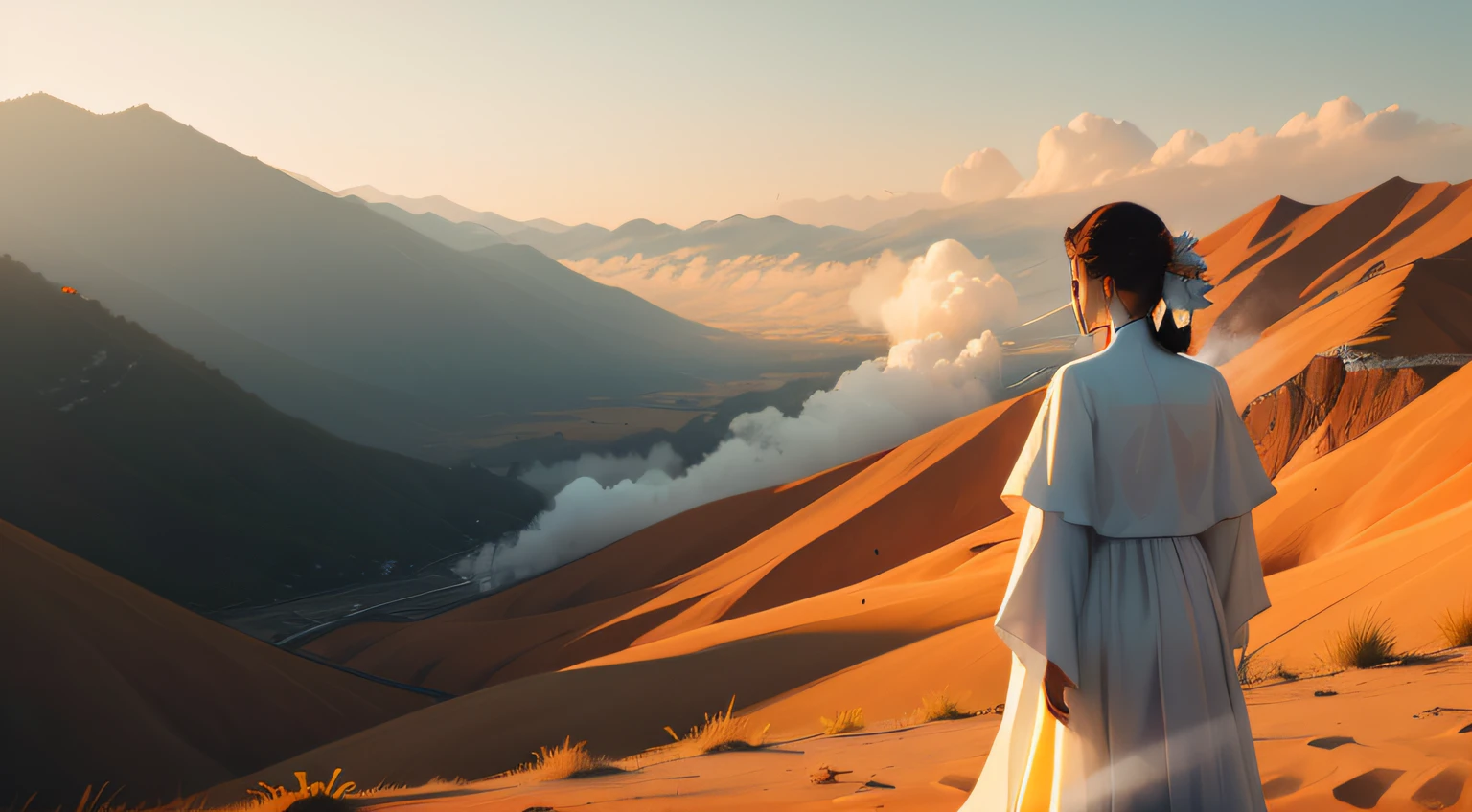 Slanting sun,Smoke,evening light,hillside,A woman in a gorgeous white dress,Costume Chinese,Back Shadow,Faraway view