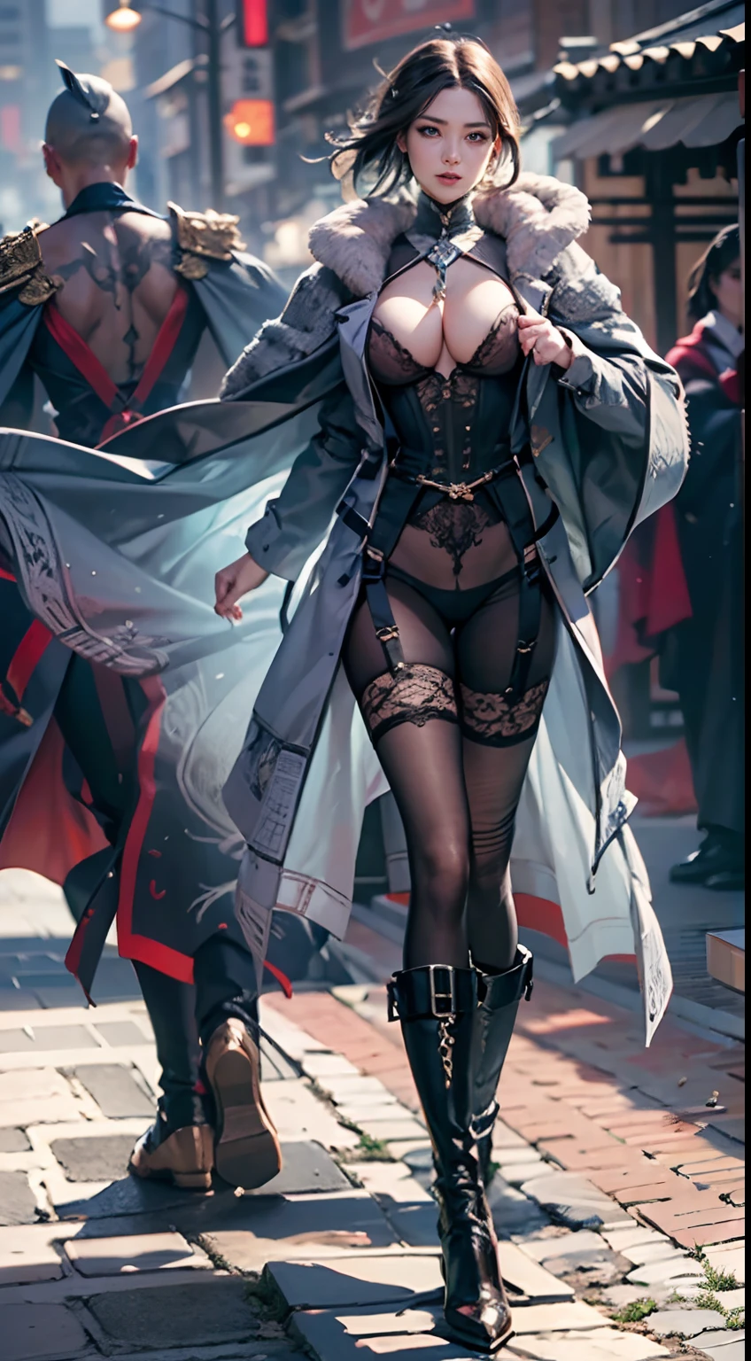 A Japanese woman walking in the city,Buildings,A plant,ssmile,Mixed Korean,The background is blurred out,focal,电影灯光,(((tmasterpiece))), ((best qualtiy)), ((Complex and detailed)), ((ultra-realistic realism)), Ridiculous resolution, A MILF, Mature woman, ssee-through, highly detailed, illustratio, 1girll, (huge tit), Thin waist and thick hips,long leges,beatiful detailed eyes, short detailed hair, brunette color hair, a purple eye, (Vampire suit:1.2), Count Dracula, Vampire dress-up,Cloak,wind coat,Riding boots,Claws,Blood,Lace,gossamer,(underdressing), pantiess, 耳Nipple Ring, (stocklings),high-heels, detailed back ground, perfect eyes, Seductive eye, looking at viewert, From the front,Wear light,