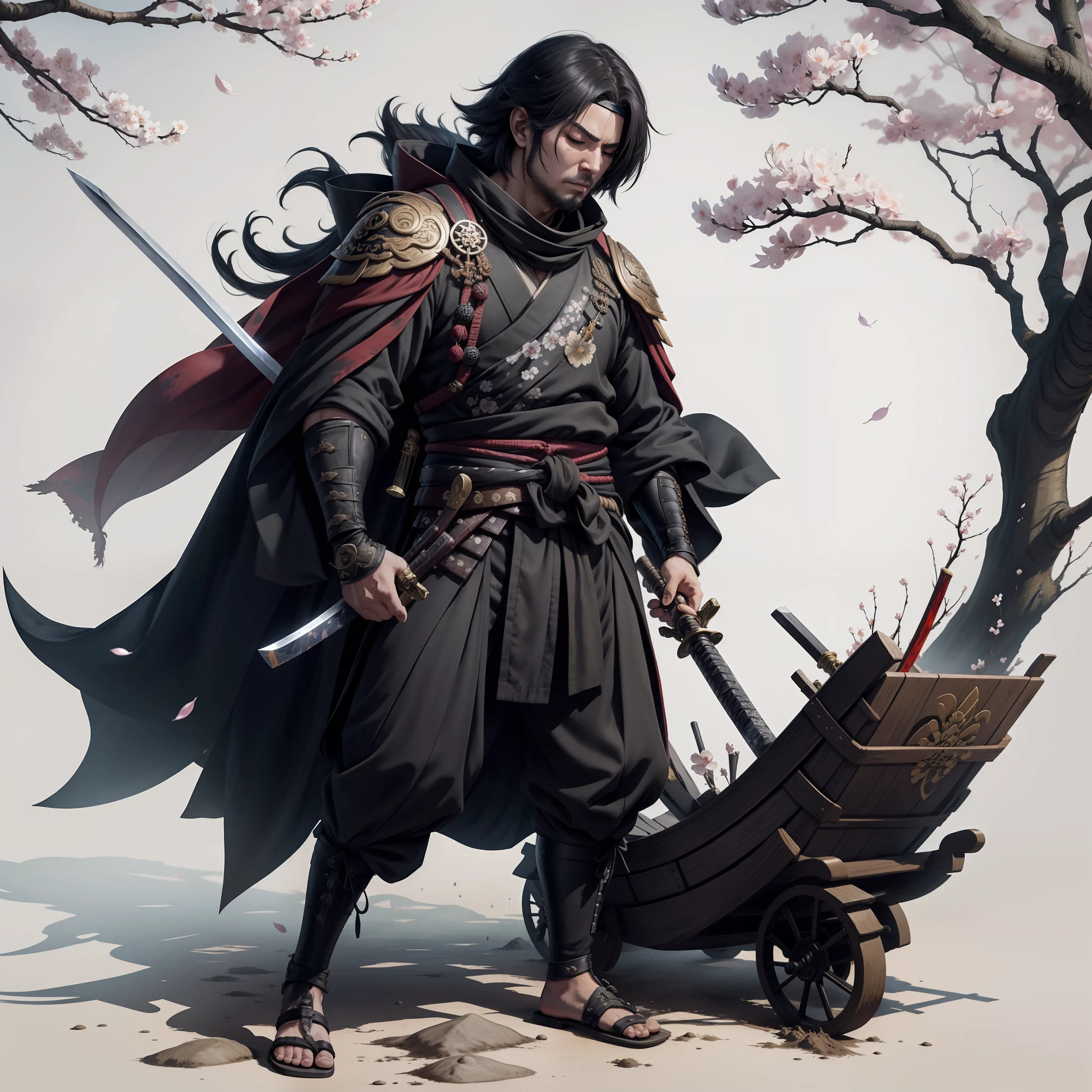 1male people, samurais, Iai no Tatsujin, Wear a black eye patch over one eye, A long sword was held at his waist., Closed eyes, Cherry blossom pattern, cart, Fantasyart, full-body view, Splatter Watercolor, simple background, in 8K, masutepiece, Best Quality,