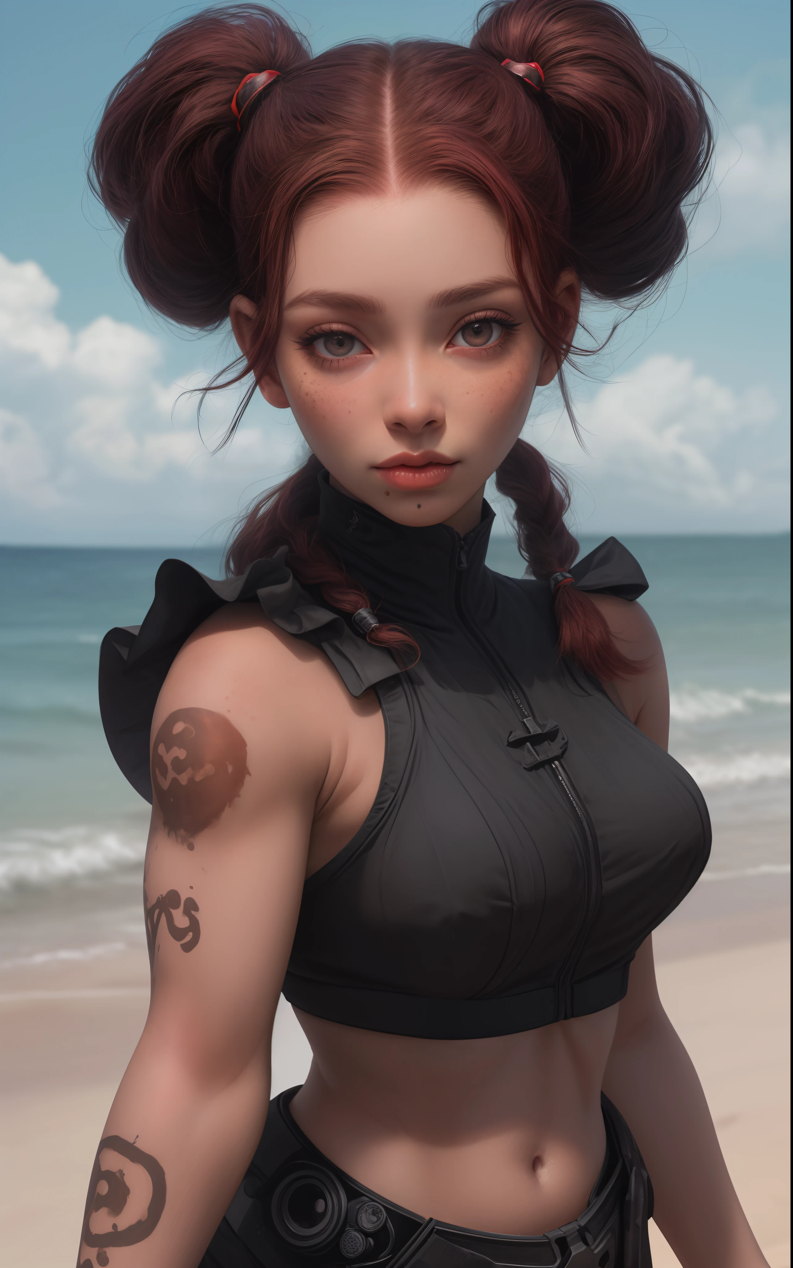 Rosto  de uma mulher ruiva,(olhos normais 8k),Cabelo pigtails com franja, pele detalhada com sardas a bochecha, pele bronzeada,small mouth fleshy lips ,Camera angle up close,Maximum resolution of 8k