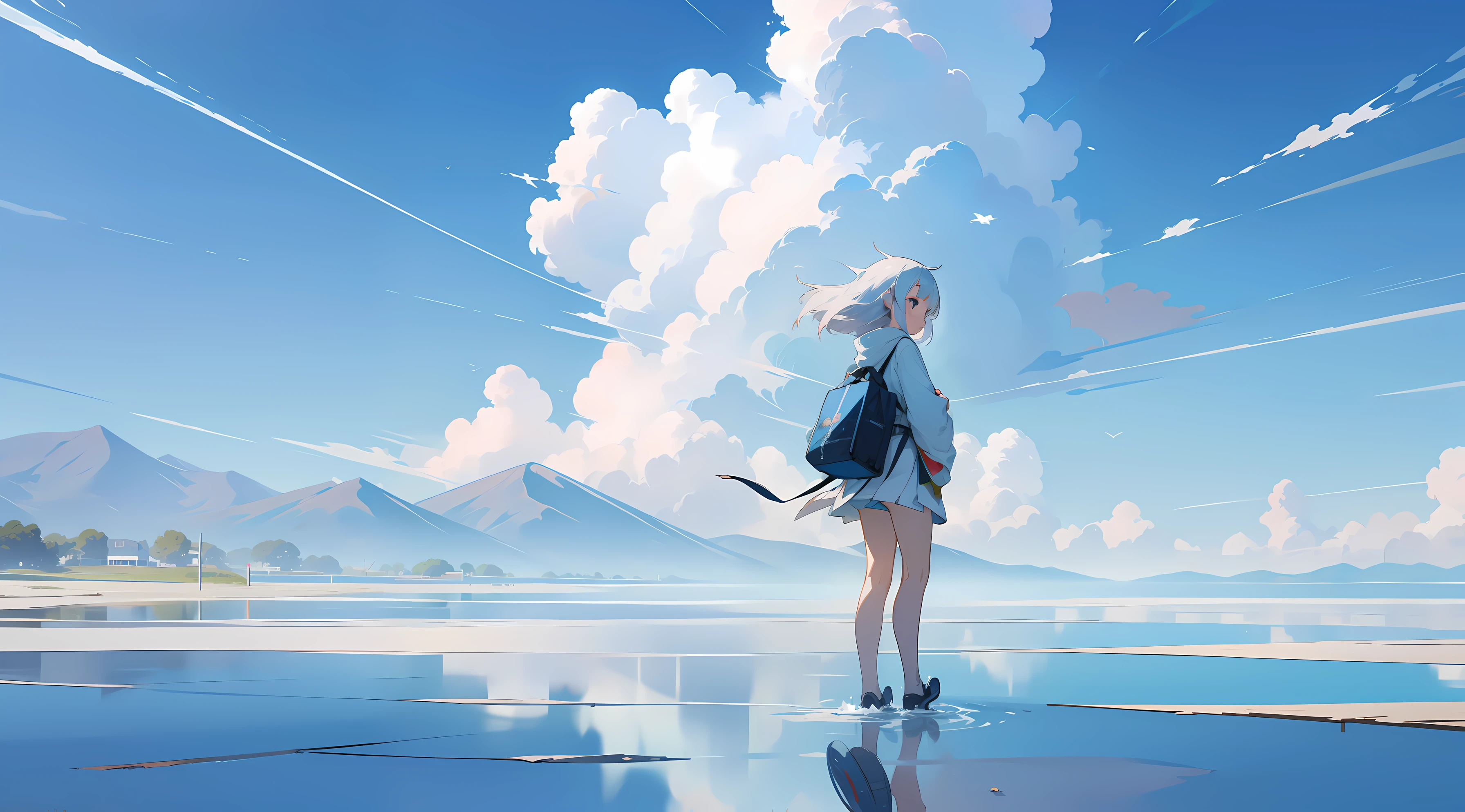 anime art style, girl with large futuristic hoodie and school skirt, wearing traditional japanese school bag, walking through clear water and clear blue sky with clouds, panoramic view, minimalist artstyle,