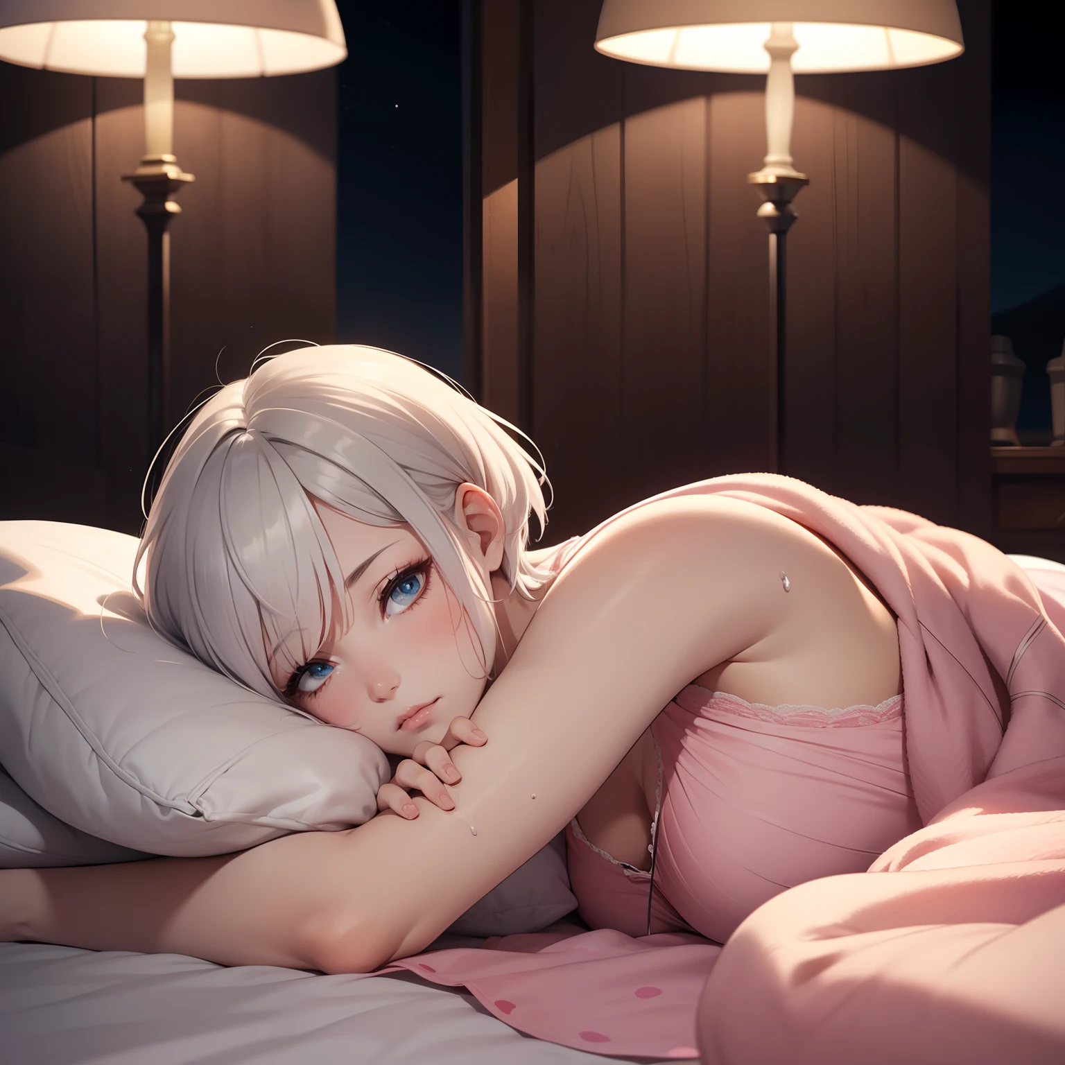 (masterpiece, best quality), photorealistic, cinematic, night time, lamp lighting, 1 girl, anime girl, close-up shot, textured pixie cut haircut, silver hair, perfect anatomy, curvaceous body, alluring, perfect eyes, detailed eyes, lips slightly parted, perfect hands, medium-sized breasts, in peaceful slumber, the woman sleeps in the fetal position, legs curled up in her bed, she wears night dress, the blanket enveloping her is a soft pastel pink, sweaty skin