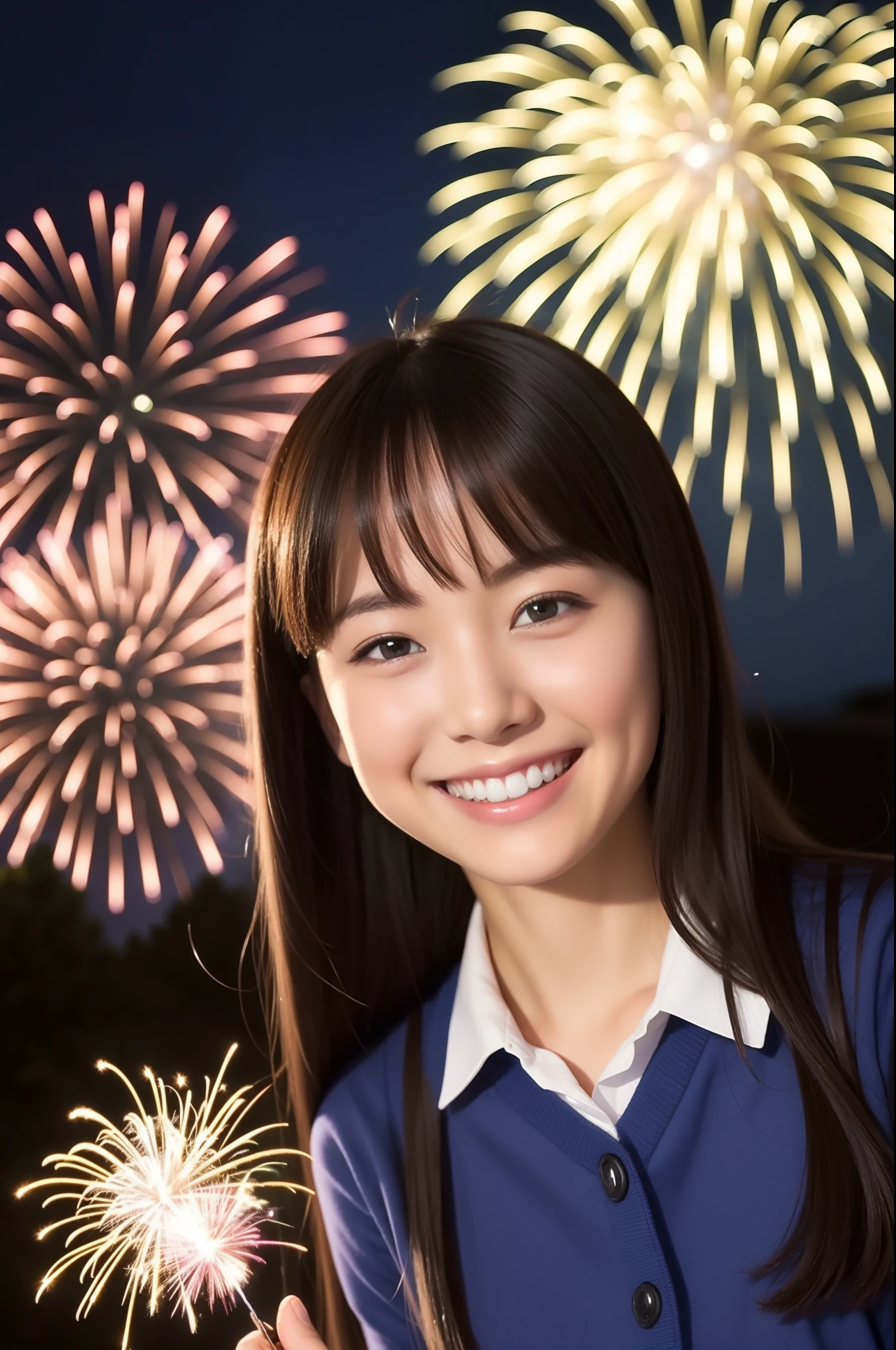 A smile、hi-school girl、While doing fireworks