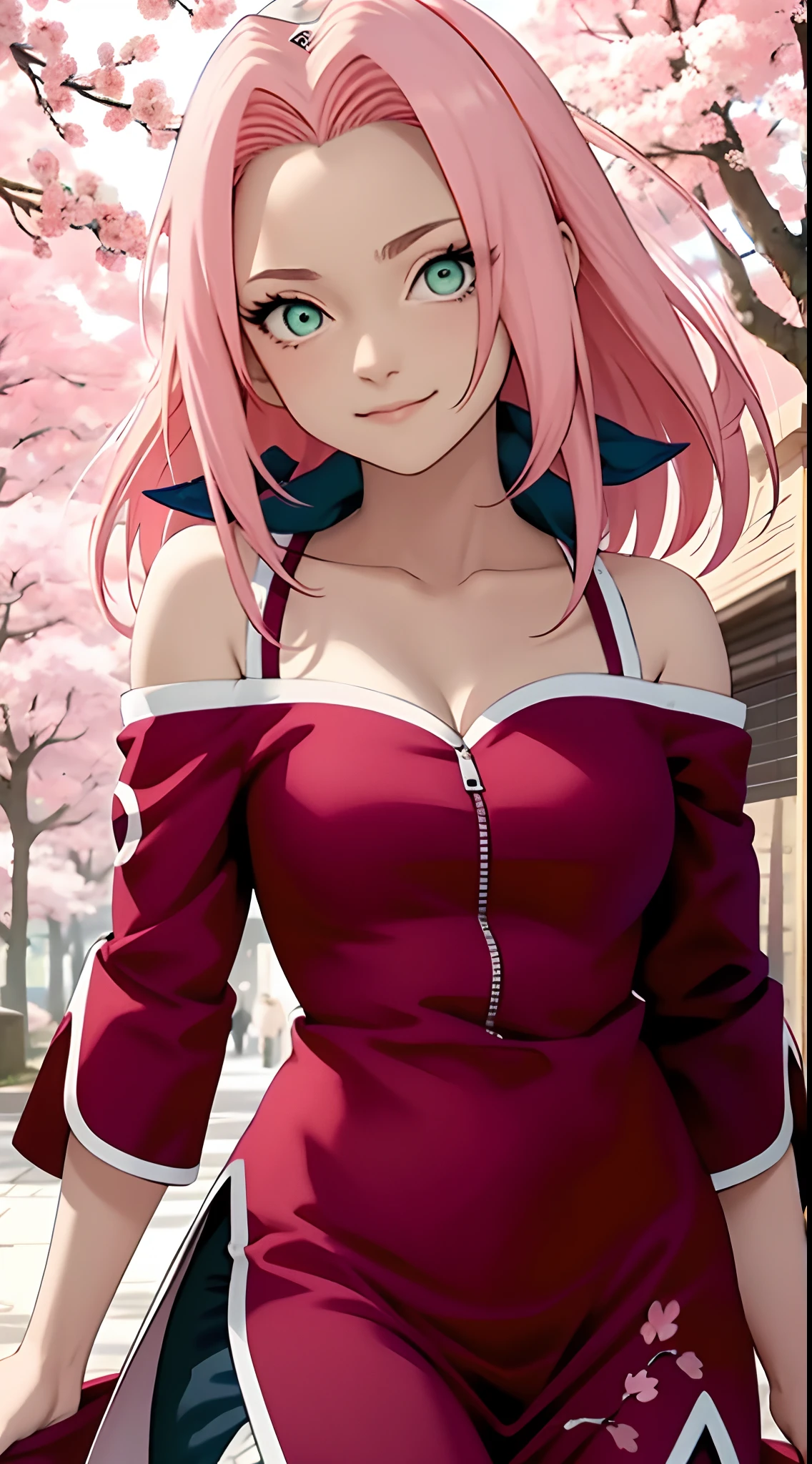 tmasterpiece, Best quality at best, 1girll, Sakura Haruno, Large breasts,Off-the-shoulder attire,(cleavage),(upperbody closeup),Raised sexy,is shy,ssmile,with pink hair, long whitr hair, (Green eyeballs:1.4), Forehead protection, the cherry trees,Cherry blossoms flying,Red clothes,Zipper half