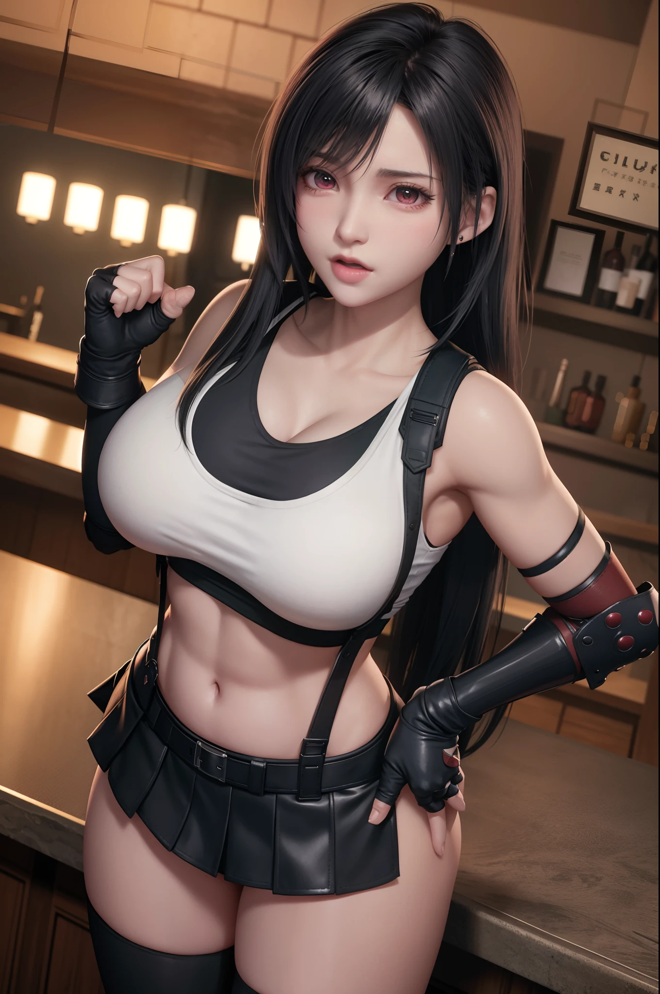 Final Fantasy VII, (nose blush), single elbow pad, ankle boots, black hair, black skirt, black thighhighs, red boots, elbow gloves, elbow pads, fingerless gloves, taut shirt, sports bra, (suspender black skirt), thighhighs, white tank top, top body is hyperrealistic thicc muscle and hyper largest_breasts!! with the type of boobs_melons, black hair, full body, look at viewer, posing standing in bar, sensual mouth, makeup, bokeh, best quality, masterpiece, highres, UHD, 1080P