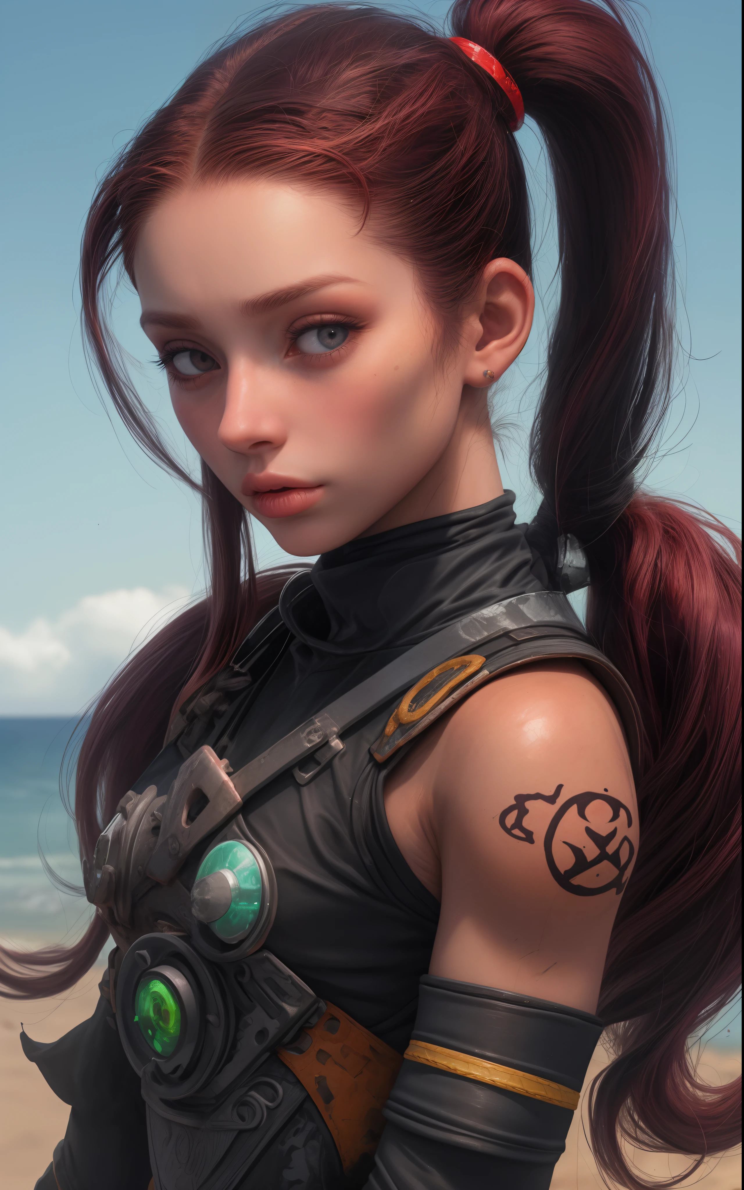 Rosto de uma mulher ruiva,(olhos normais 8k),Cabelo pigtails com franja, pele detalhada com sardas a bochecha, pele bronzeada,small mouth fleshy lips ,Camera angle up close,Maximum resolution of 8k