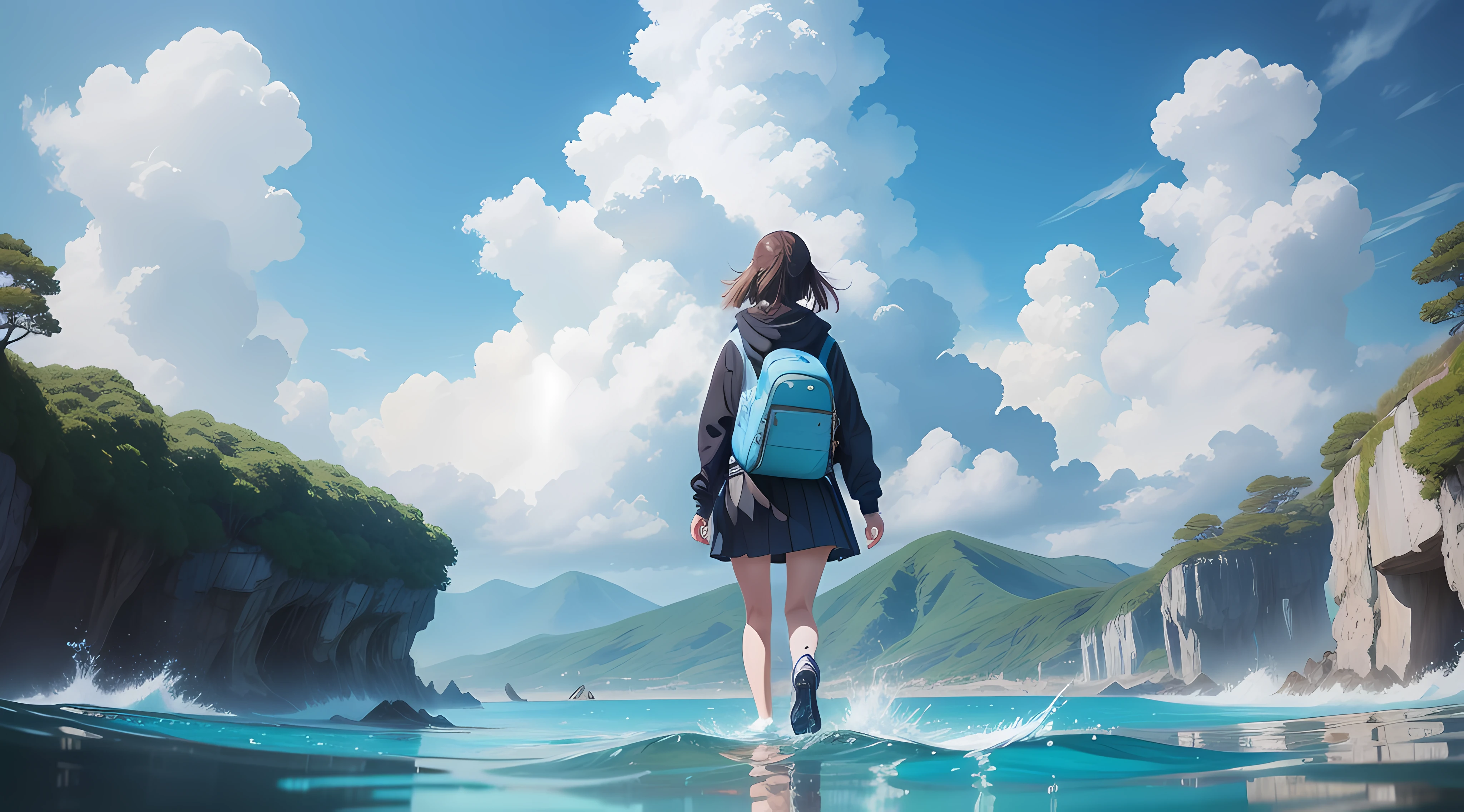 anime art style, girl with large futuristic hoodie and school skirt, wearing traditional japanese school bag, walking through clear water and clear blue sky with clouds, panoramic view, minimalist artstyle,