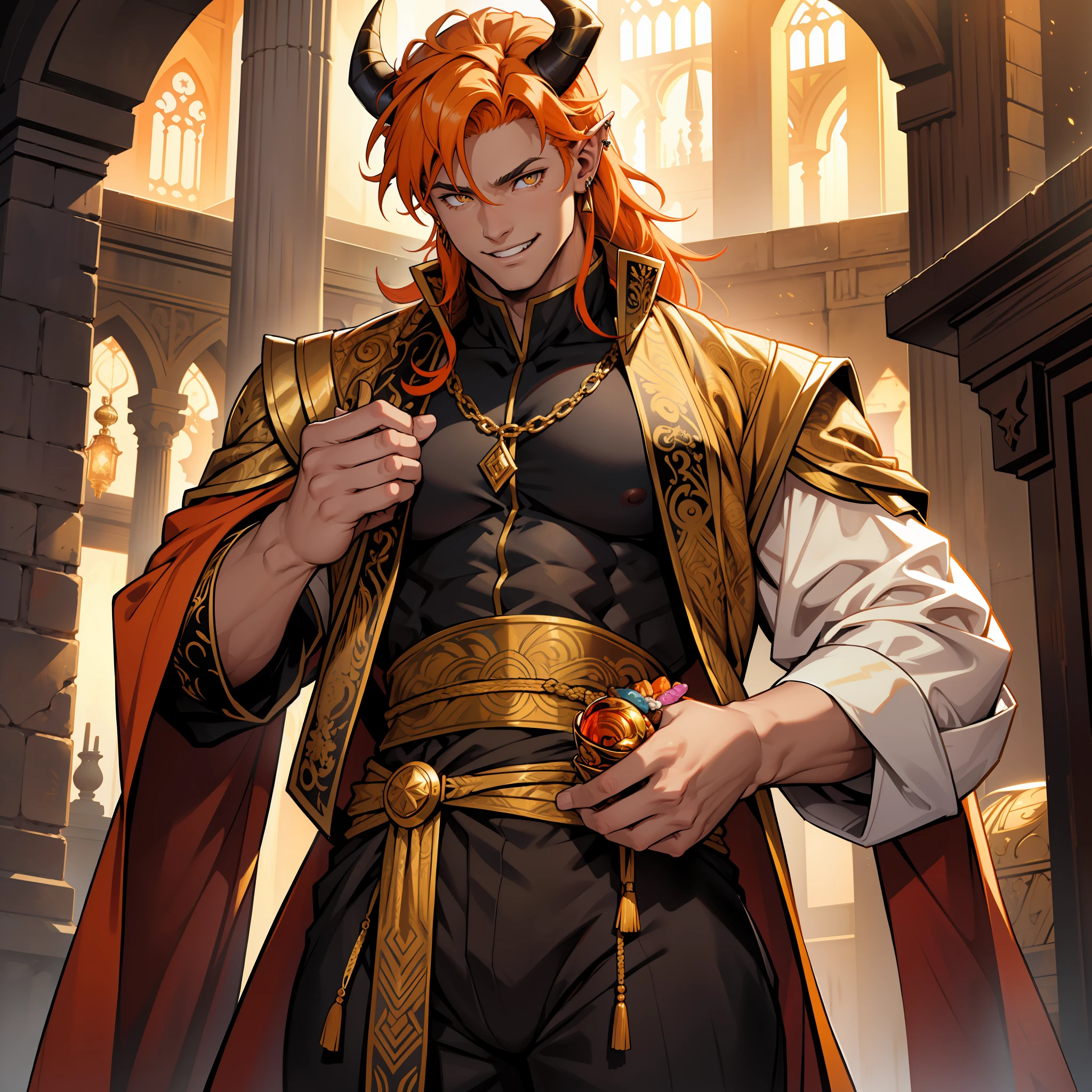 I have golden eyes, just like my friend Ares. I have bright orange hair, the color of a sunset. My skin is the perfect shade of light golden and I have pointed ears. I am quite tall and have a muscular body. I'm pretty cute if I do say so myself, which I do. Big muscular body. Horns. Piercings. Wearing clothes fitted for a demon Prince. Shorns. Black and gold robe. face with strong jaw. Roman nose. Smiling. Eating candy. Palace. Youthful look. Buff male. Bulge in pants