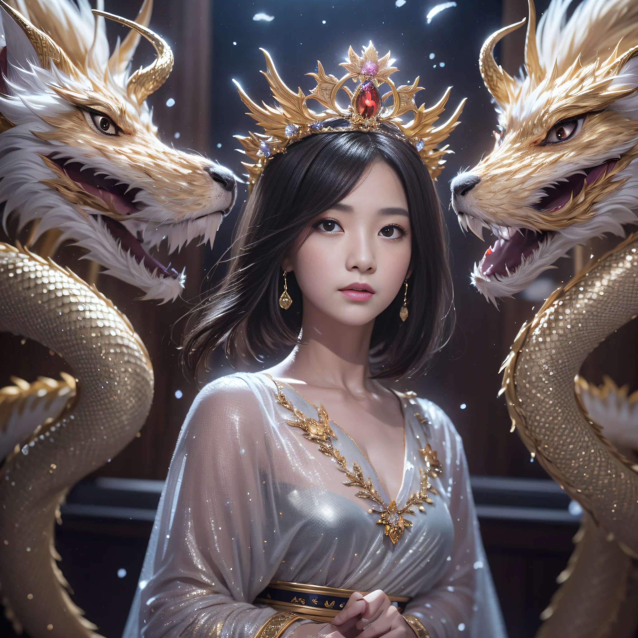 32K(tmasterpiece,k hd,hyper HD,16k)short detailed hair,Vintage train in the back room,Snow Circle Girl ,Two Golden Dragon Protectors (realisticlying:1.4),Python robe,Purple-pink tiara,Snowflakes fluttering,The background is pure, A high resolution, the detail, RAW photogr, Sharp Re, Nikon D850 Film Stock Photo by Jefferies Lee 4 Kodak Portra 400 Camera F1.6 shots, Rich colors, ultra-realistic vivid textures, Dramatic lighting, Unreal Engine Art Station Trend, cinestir 800,