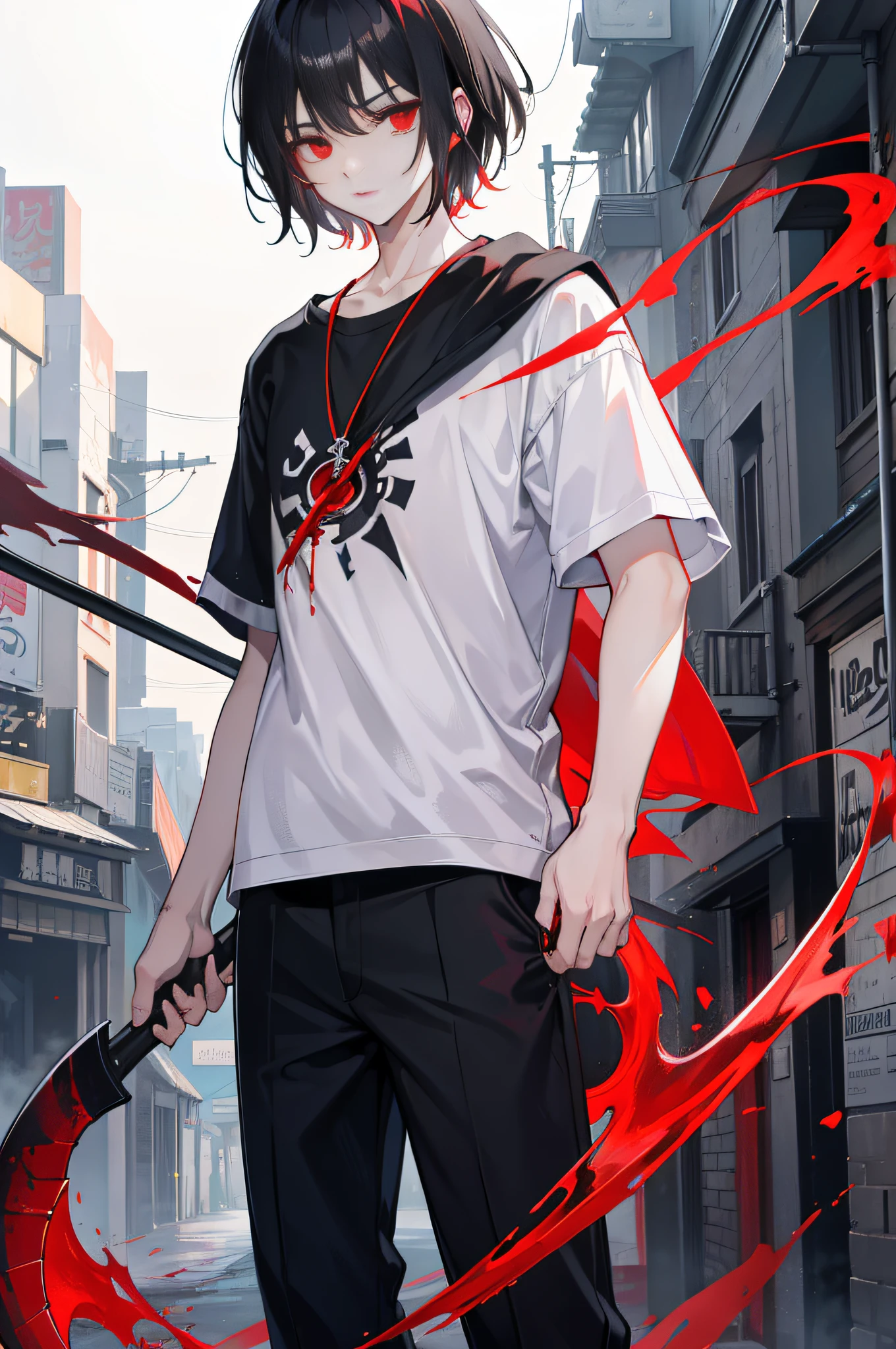 with short black hair,Red-eyed teenage boy,Stand on the street where there is no one at night,extreme hight detail,short- sleeved,shorter pants,Holding a huge blood-colored scythe in one hand