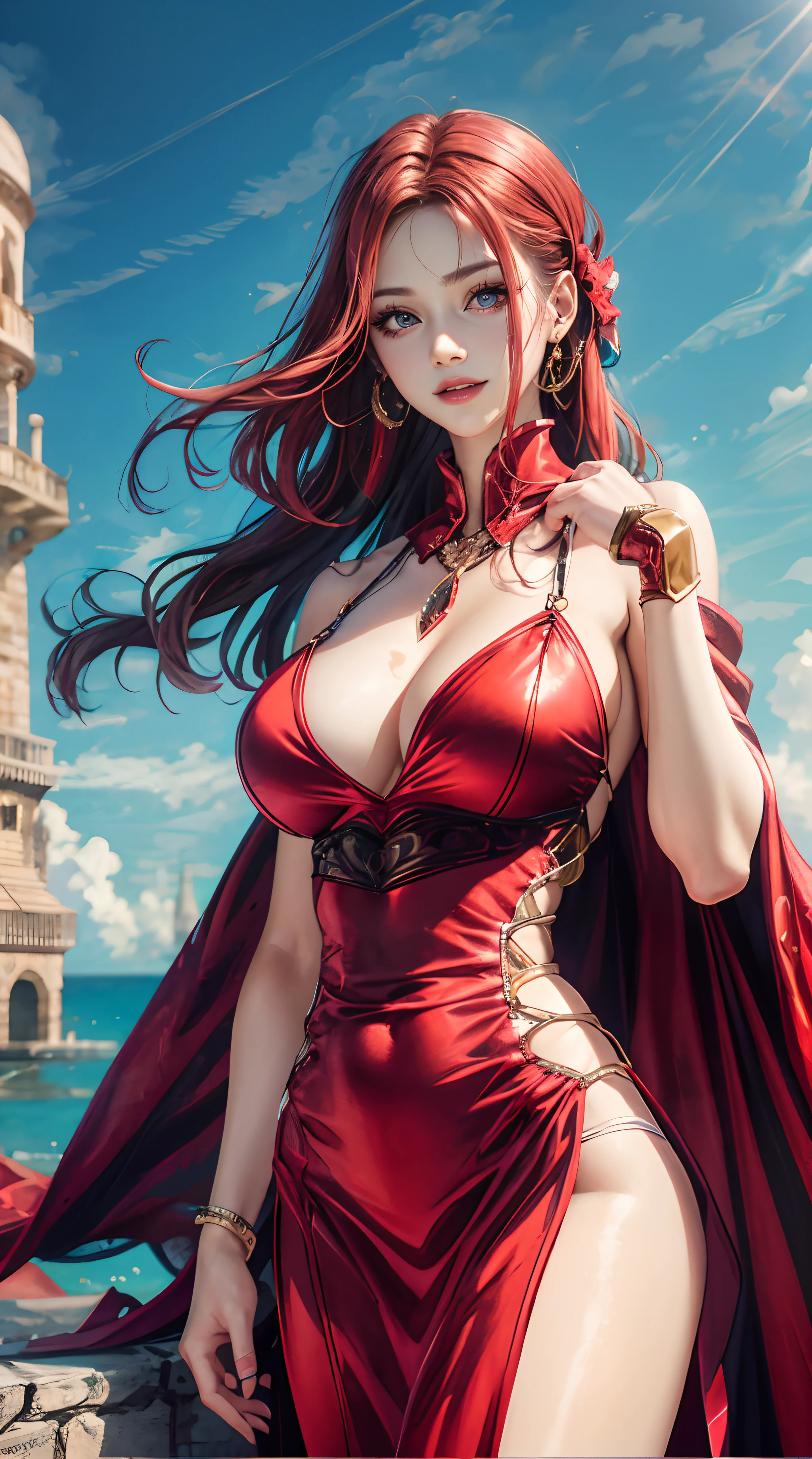 Sexy woman in red dress posing in front of tower, IG model | Art germ, redhead queen in heavy red armor, beautiful and seductive anime woman, Extremely detailed Artgerm, amouranth, Anime goddess, red haired goddess, cosplay, Gorgeous Role Play, lady in red armor, [ trending on CGSociety ]!!, Anime girl cosplay, like artgerm,ssmile。