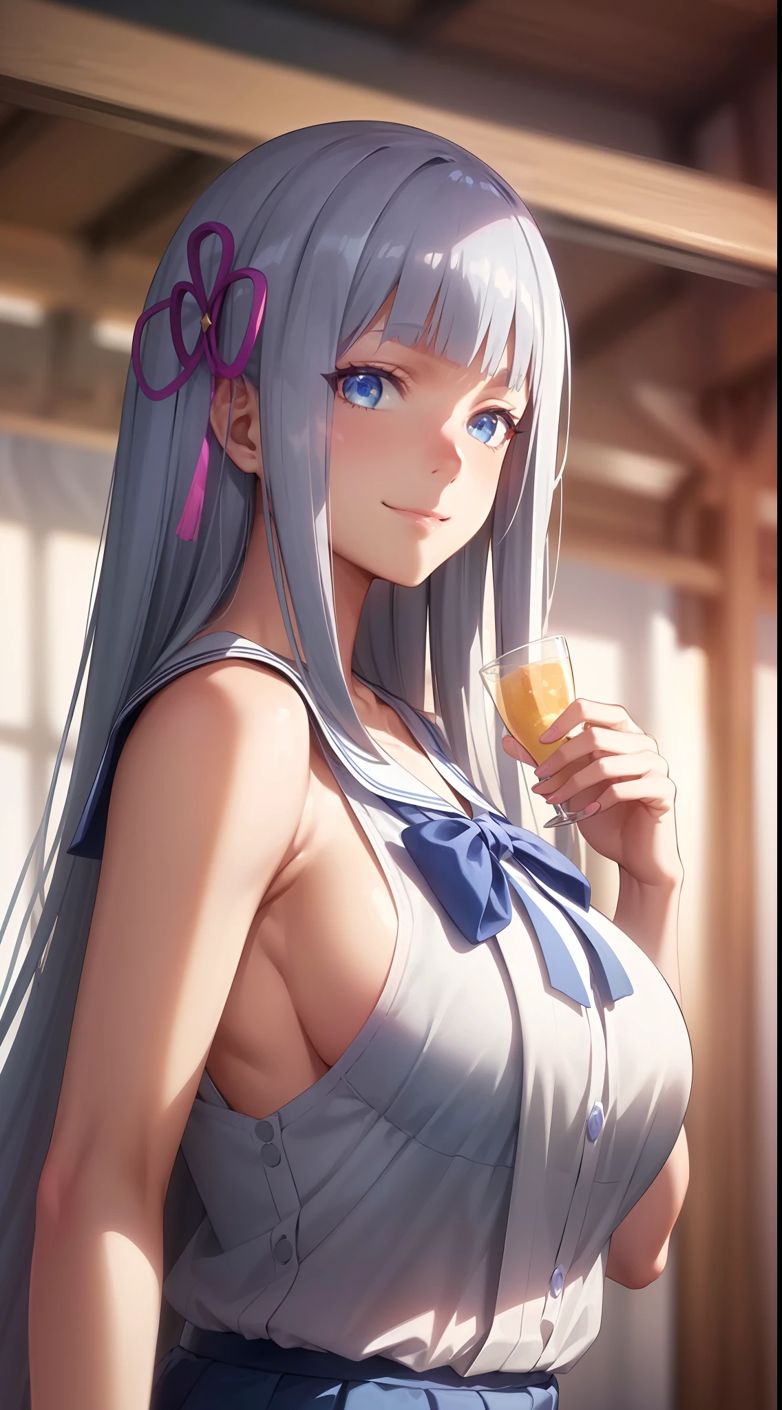 hair ornament, very long hair, japanese clothes, professional artwork, Intricate Details, field of view, sharp focus, detailed painting, photorealistic lighting, trending on pixiv, Standing at attention, ((school girl, summer school outfit)), ((large breasts:1,3)), Beautiful body,Beautiful Nose,Beautiful character design, perfect eyes, perfect face, looking at viewer, SFW,official art,extremely detailed CG unity 8k wallpaper, perfect lighting,Colorful, Bright_Front_face_Lighting, (masterpiece:1.0),(best_quality:1.0), ultra high res,4K,ultra-detailed, photography, 8K, HDR, highres, absurdres:1.2, Kodak portra 400, film grain, blurry background, bokeh:1.2, lens flare, (vibrant_color:1.2), shikkoku_yorihime, (happy smile, cheers), ((looking at viewer, front body pose, front view))