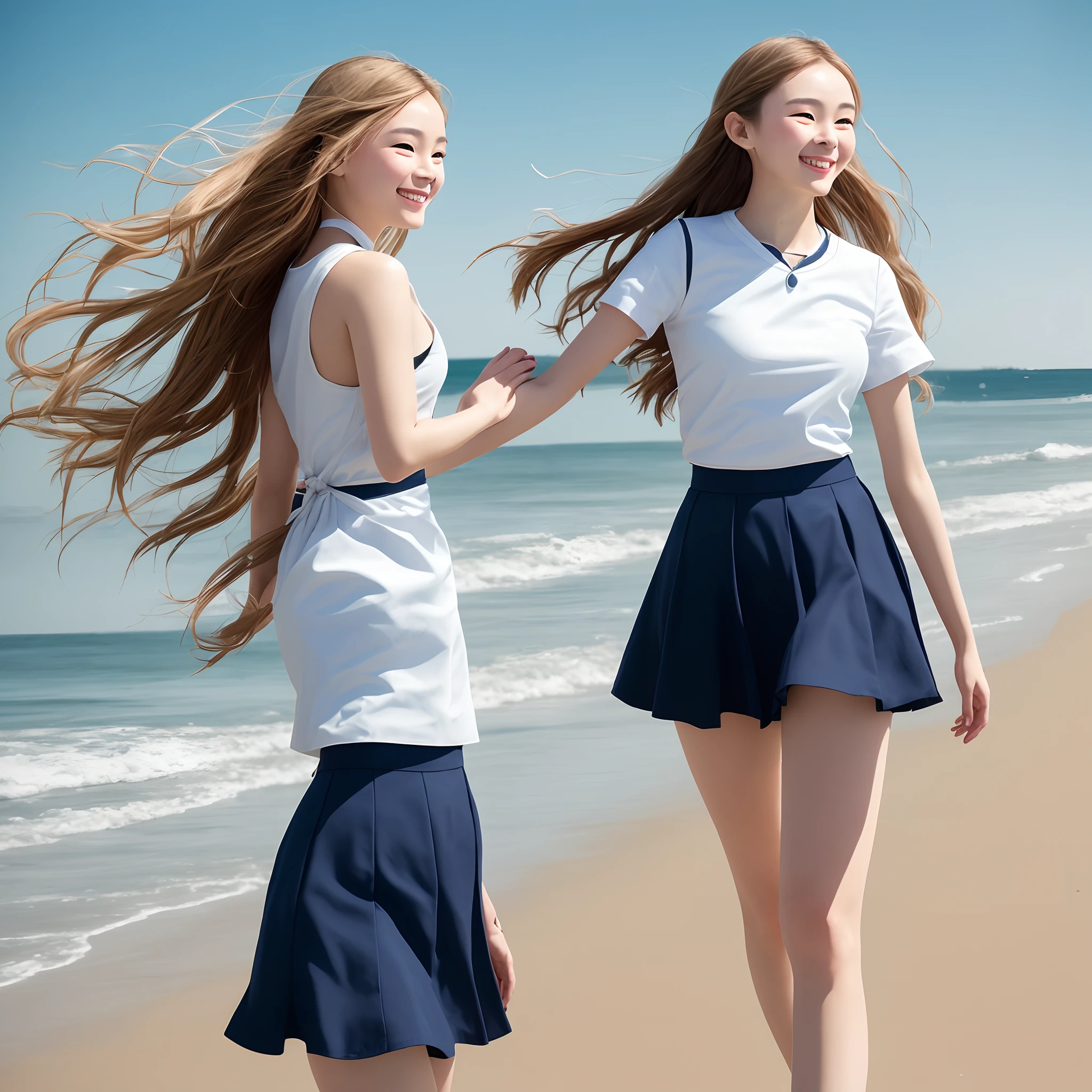 Ultra HD photos 8K,The background is on the beach by the sea,Only the heroine is alone,The heroine is facing the camera,The heroine's long hair seems to flutter in the wind,The heroine wears a JK uniform on her upper body,The lower body is wearing a miniskirt,The neck is as white as a white swan,The exposed arm is smooth and delicate and white,The legs are straight and slender,It does not lose the youthful vitality of a girl,There is also the plump firmness of young women,Exudes an alluring sheen,The facial features are delicate and three-dimensional,Like a fairy who does not eat human fireworks,Outstanding temperament,With a smile。The lens shows the whole body。