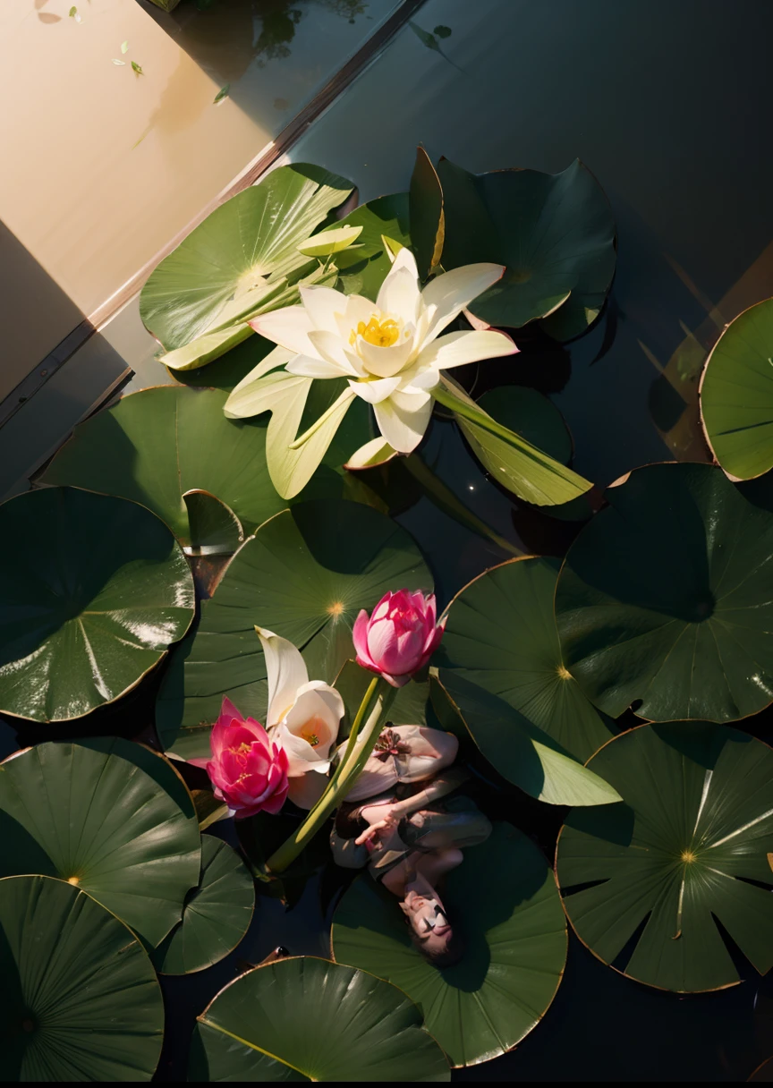 Look down from above，Beautiful lotus pond，of a real，Photorealsitic，Dim environment、Natural soft light、afofuturism、ultra-realistic realism