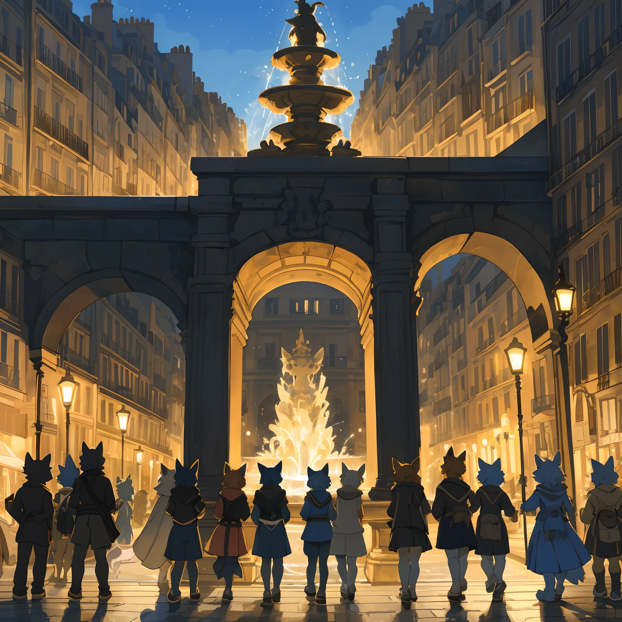 top quality, best quality, High-quality illustrations, masterpiece, super high resolution, detailed background, Streets of Paris, The fountain, 6+boys, 6+girls, absurdres(highly detailed beautiful face and eyes)perfect anatomy, expression, good lighting, cinematic shadow(kemono, furry anthro)assorted poses, dynamic angle, panel layout,