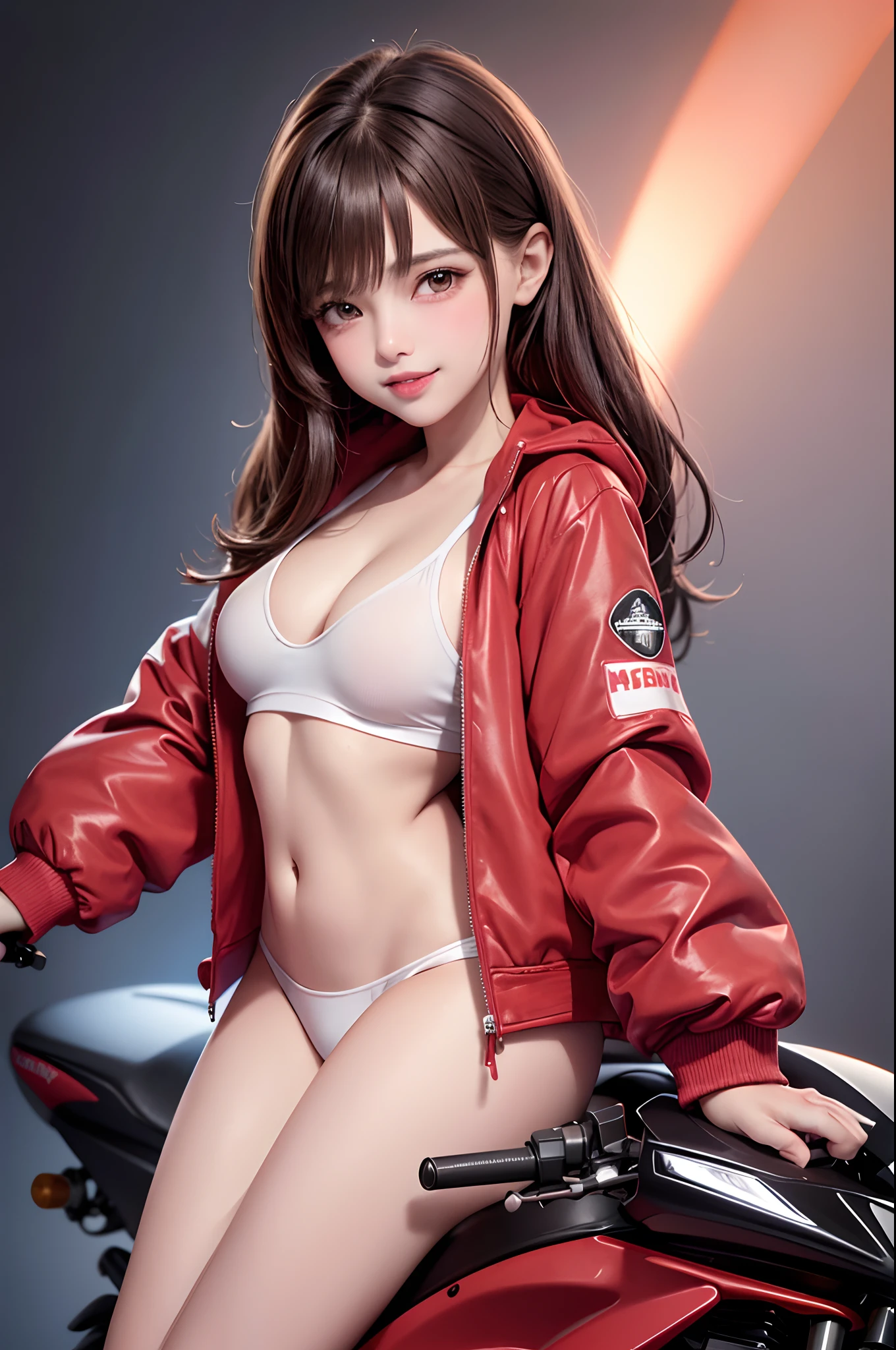 1girl, solo,underwaterbrown hair, brown eyes, parted lips, long sleeves, jacket, simple background, upper body, red background, looking at viewer, teeth, red jacket, lips, cosplay, full body, smile,motorbike