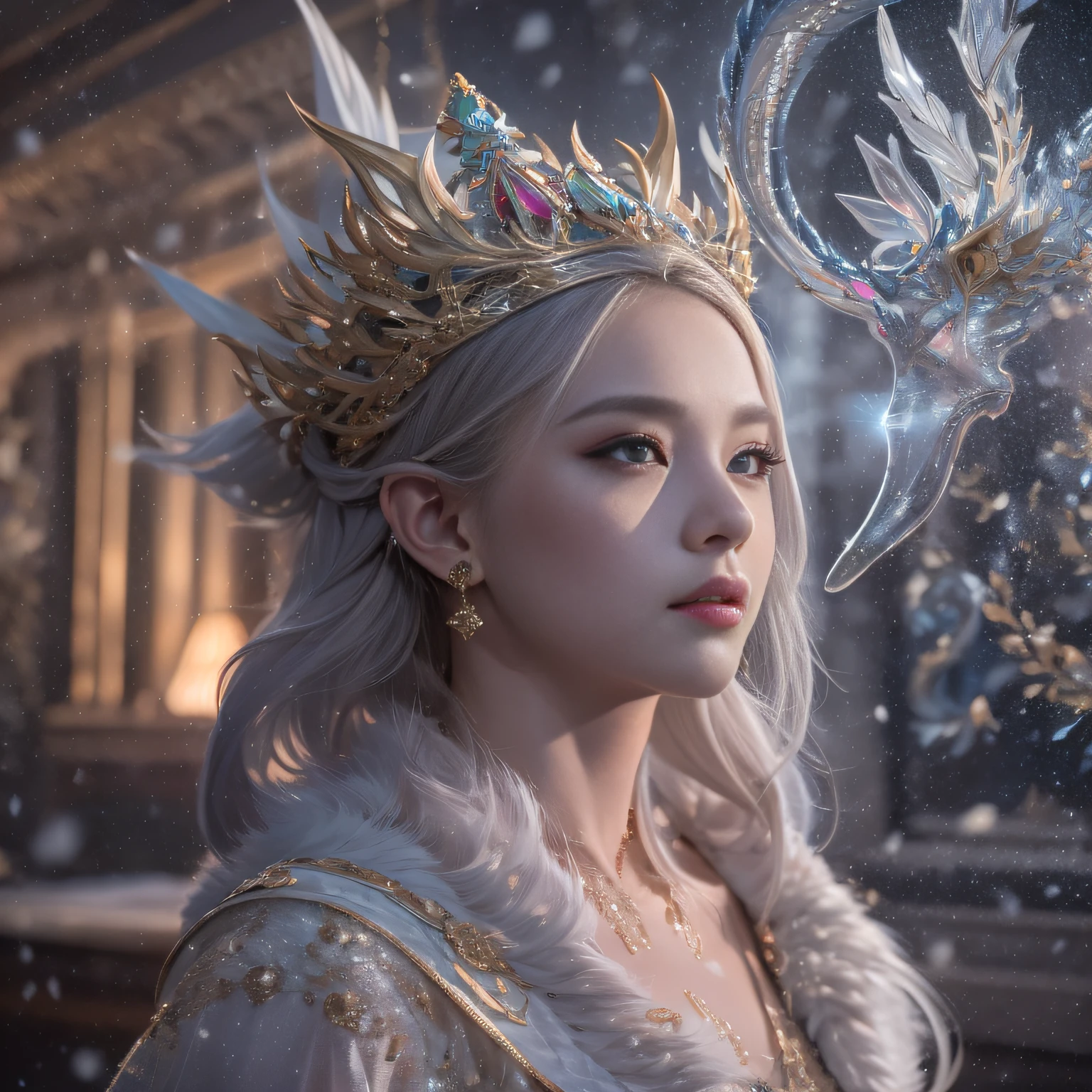 32K(tmasterpiece,k hd,hyper HD,16k)short detailed hair,Vintage train in the back room,Little Snow Girl ,Two ice dragon protectors (realisticlying:1.4),Python robe,Purple-pink tiara,Snowflakes fluttering,The background is pure, A high resolution, the detail, RAW photogr, Sharp Re, Nikon D850 Film Stock Photo by Jefferies Lee 4 Kodak Portra 400 Camera F1.6 shots, Rich colors, ultra-realistic vivid textures, Dramatic lighting, Unreal Engine Art Station Trend, cinestir 800,