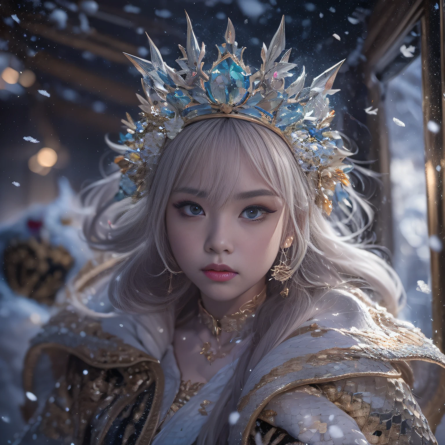 32K（tmasterpiece，k hd，hyper HD，16k）short detailed hair，Vintage train in the back room， Snow Girl ，Two ice dragon protectors （realisticlying：1.4），Python robe，Purple-pink tiara，Snowflakes fluttering，The background is pure， A high resolution， the detail， RAW photogr， Sharp Re， Nikon D850 Film Stock Photo by Jefferies Lee 4 Kodak Portra 400 Camera F1.6 shots, Rich colors, ultra-realistic vivid textures, Dramatic lighting, Unreal Engine Art Station Trend, cinestir 800，