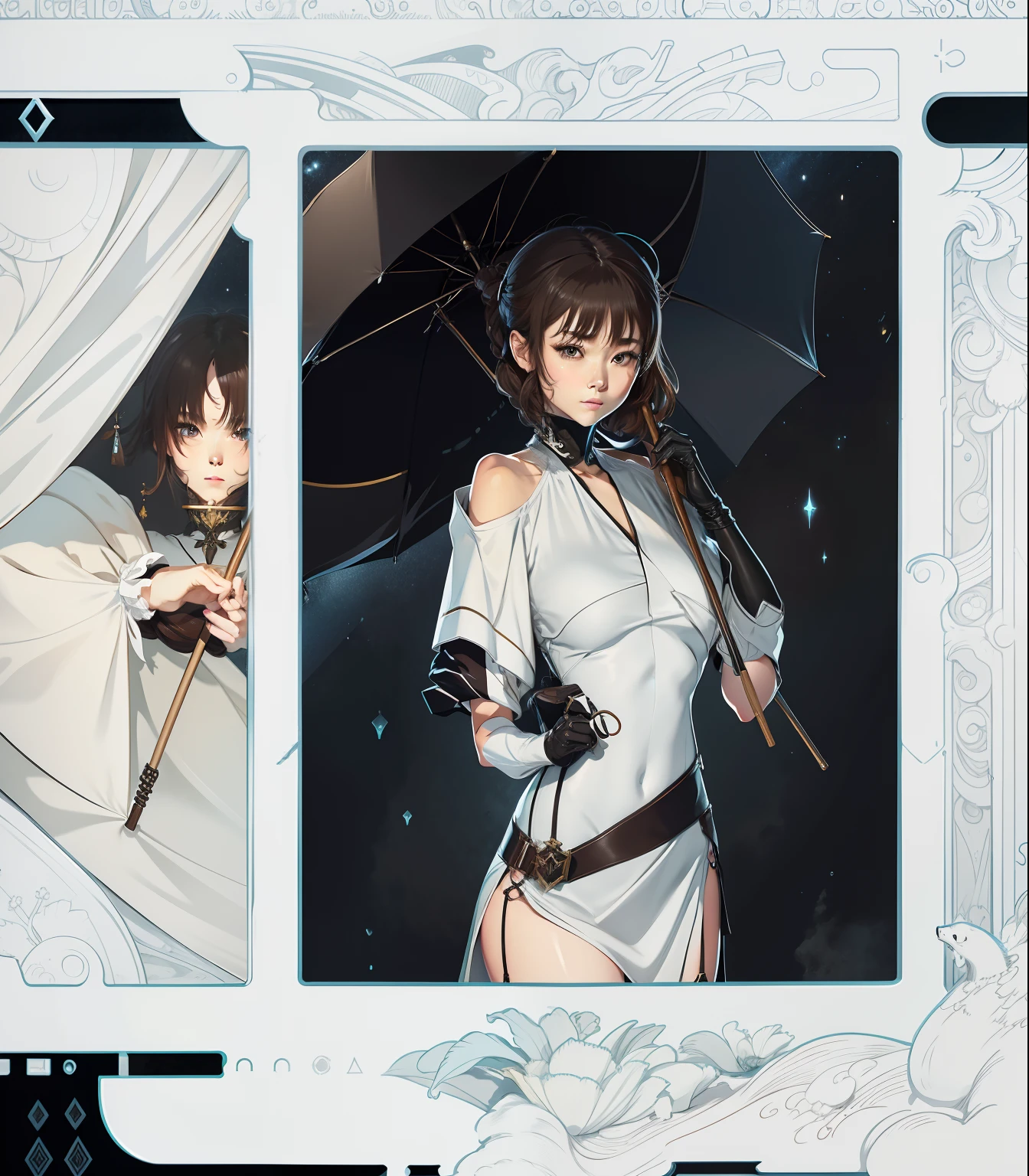 （（nighttime scene，逼真光线，best qualtiy，8k，tmasterpiece：1.3）），1girl，Pretty woman with slender figure：1.4，（brown  hair，mediuml breasts：1.3），Off-the-shoulder cut top：1.3，sofe，Super detailed face，Detailed eyes，二重まぶた，Woman holding an umbrella