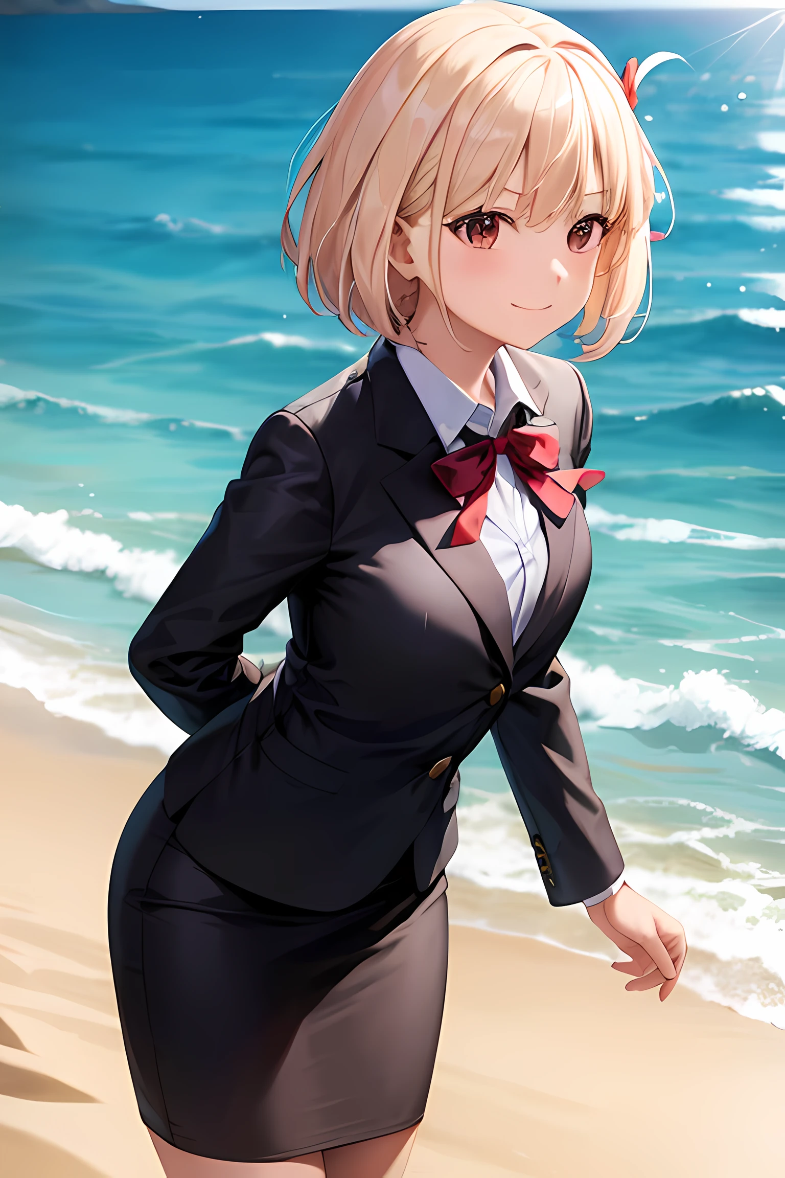 1girl, chisato nishikigi, suit, beach background, office lady, black skirt, black blazer, pencil skirt, white shirt, blonde hair, bob cut, hair ornament, red hair ribbon, short smile, teenager,
