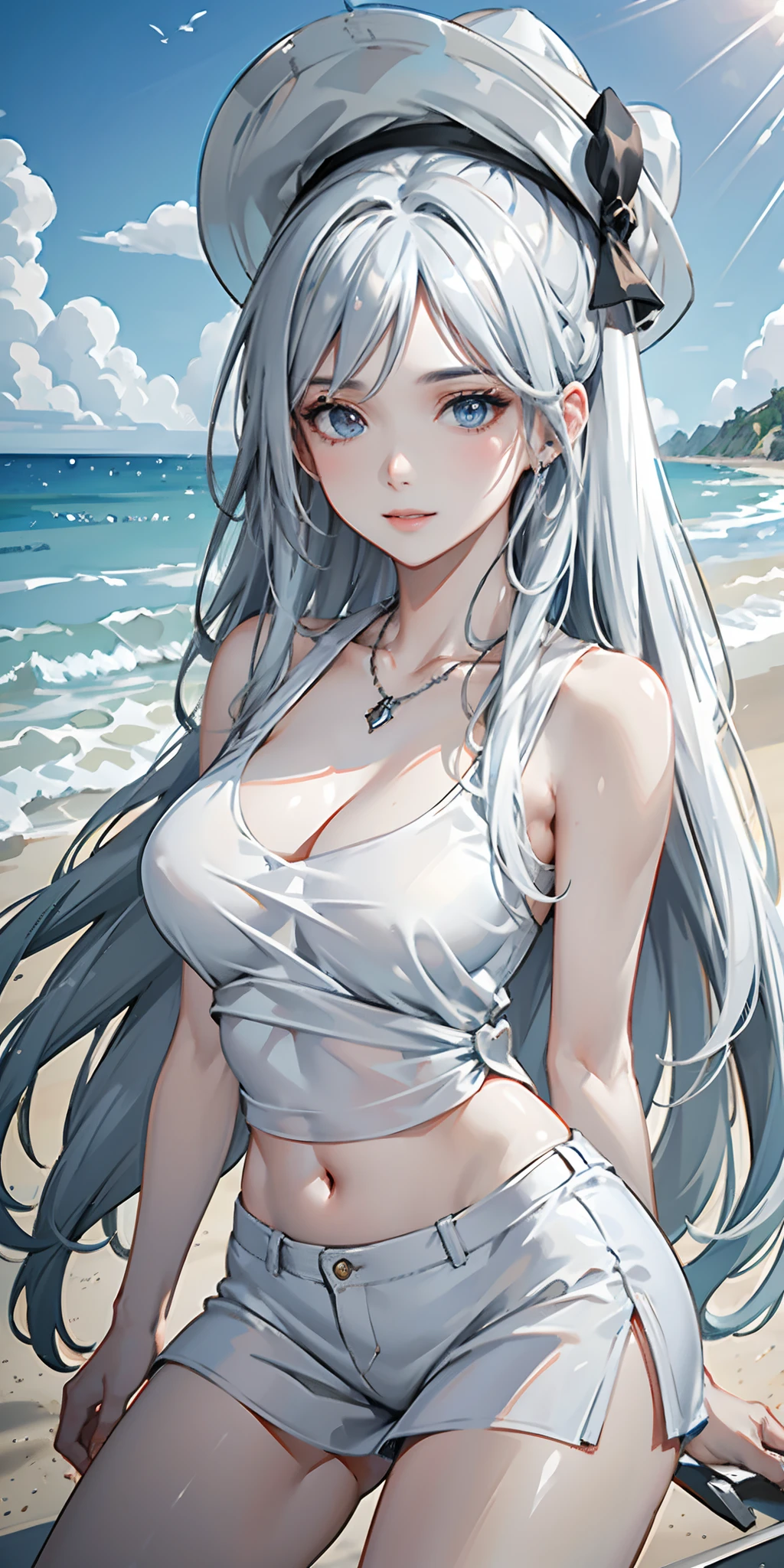 (masterpiece, finely detailed beautiful eyes: 1.2), (light-blue hair:1.2), (Zaffre eyes color:1.1), long hair, straight hair, (black tank top:1.2), realistic lighting, beautiful lighting, raytracing, photorealistic, (hyperrealistic:1.2), highres, 4k, 8k, (extremely detailed CG, 8k wallpaper:1.1), extremely detailed, sharp, digital illustration, detailed, realism, beautiful face, highly detailed face, ultra-realistic, masterpiece, detailed eyes, hyper-detailed, volumetric lighting, realistic shadows, intricate details, small details, cheerful, smile, (white hat:1.2), silver_necklace, high heels, (on the beach:1.2),