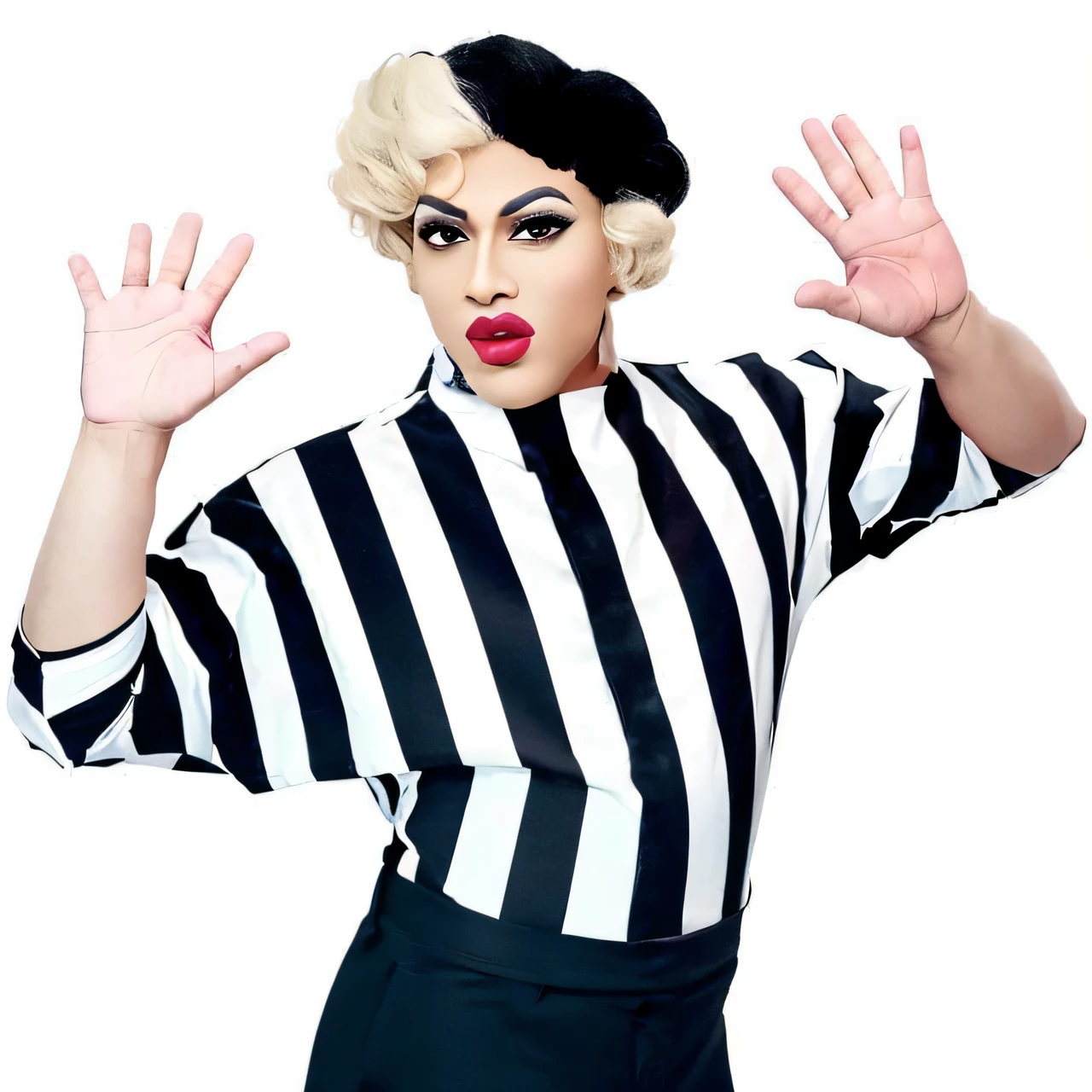 Dressed in a referee's uniform、Alafe raised his hand, maims, Drag Queen, Black stripes, catalogue photo, vaudevillian, promo photo, Jean Deville, Stripes, photo from a promo shoot, Mike Bierrec, promo photo, Lou Paul\Drag Racing, Inspired by Jesse Alexandra , promo shot, Wearing a striped shirt, with shoulder pads