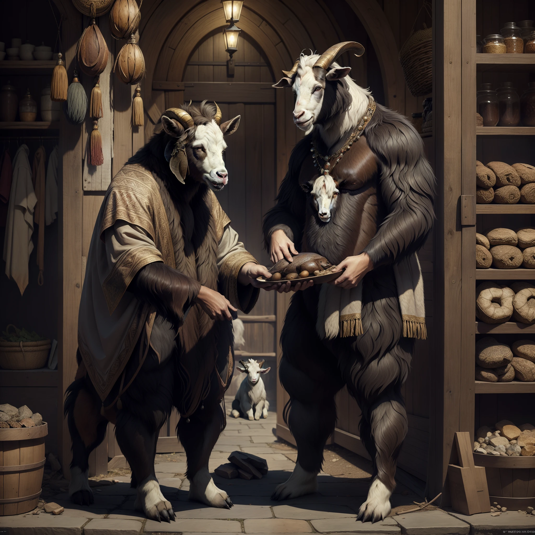 A sublime work of art depicting a goat trying to sell a bear's skin. Uhd, hyperdétaillée, rendu proche de la perfection."