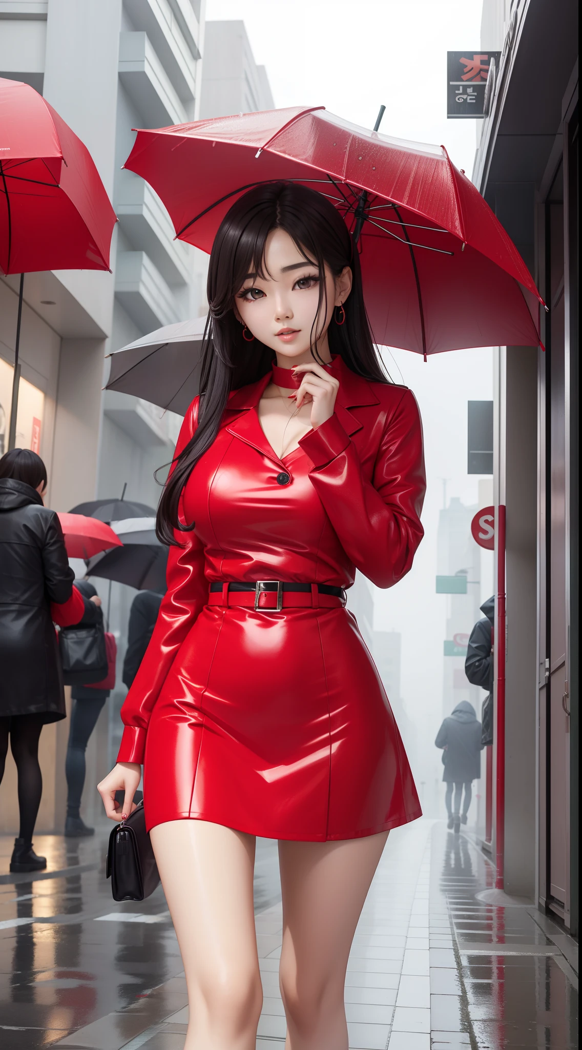 Beauty Korean idol wearing a Red Mini-Dress in a street,rain and fog outside