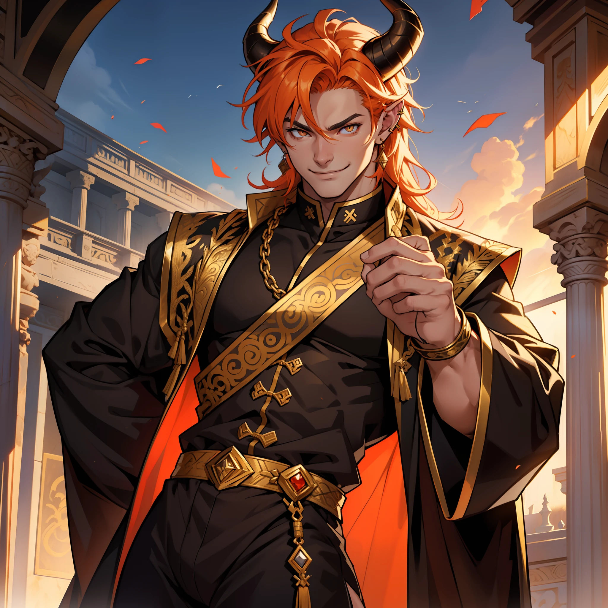 I have golden eyes, just like my friend Ares. I have bright orange hair, the color of a sunset. My skin is the perfect shade of light golden and I have pointed ears. I am quite tall and have a muscular body. I'm pretty cute if I do say so myself, which I do. Big muscular body. Horns. Piercings. Wearing clothes fitted for a demon Prince. Shorns. Black and gold robe. face with strong jaw. Roman nose. Smiling. Eating candy. Palace. Youthful look. Buff male. Bulge in pants