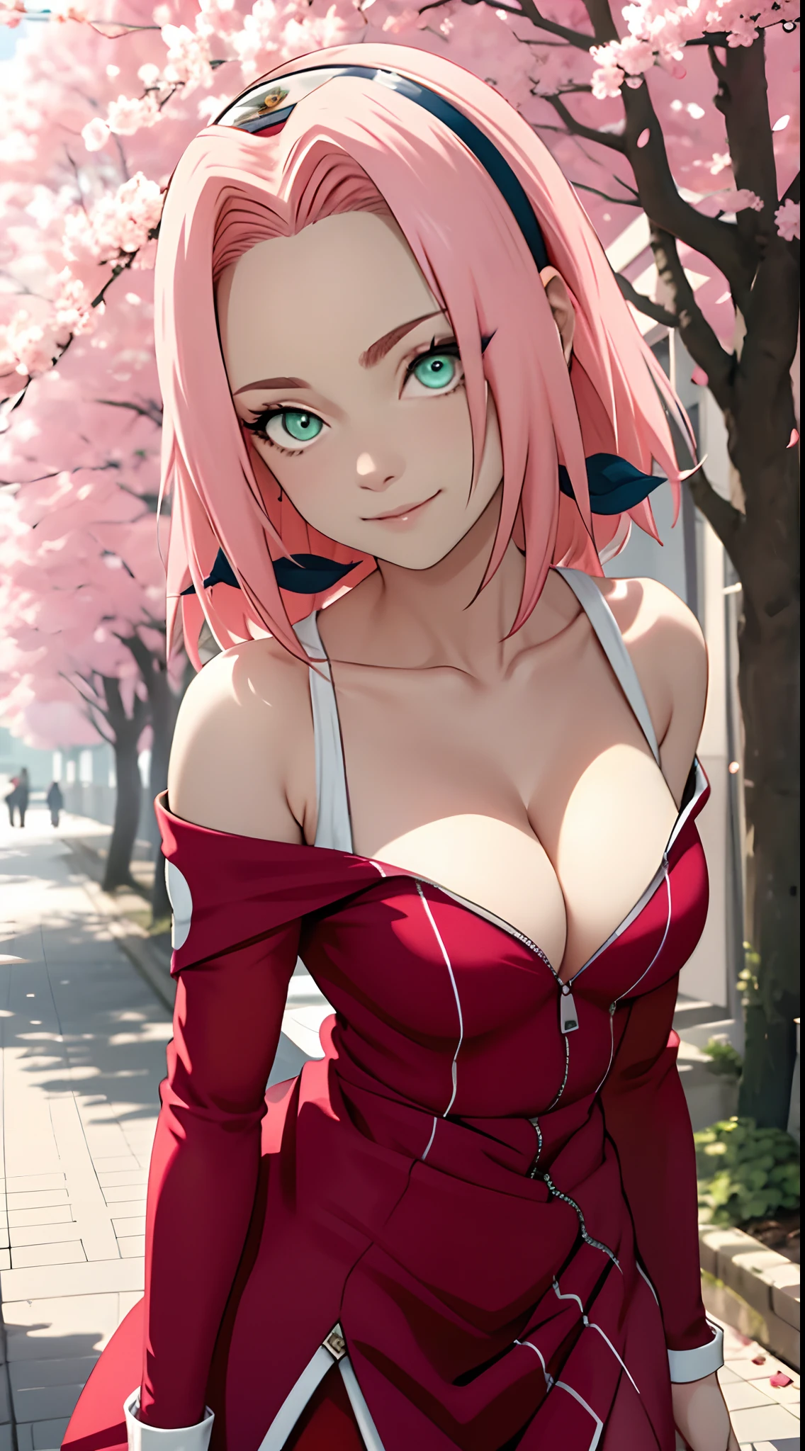 tmasterpiece, Best quality at best, 1girll,(open waist) ,Sakura Haruno, Large breasts,Off-the-shoulder attire,(cleavage),(upperbody closeup),Raised sexy,is shy,ssmile,with pink hair, long whitr hair, (Green eyeballs:1.4), Forehead protection, the cherry trees,Cherry blossoms flying,Red clothes,Zipper half