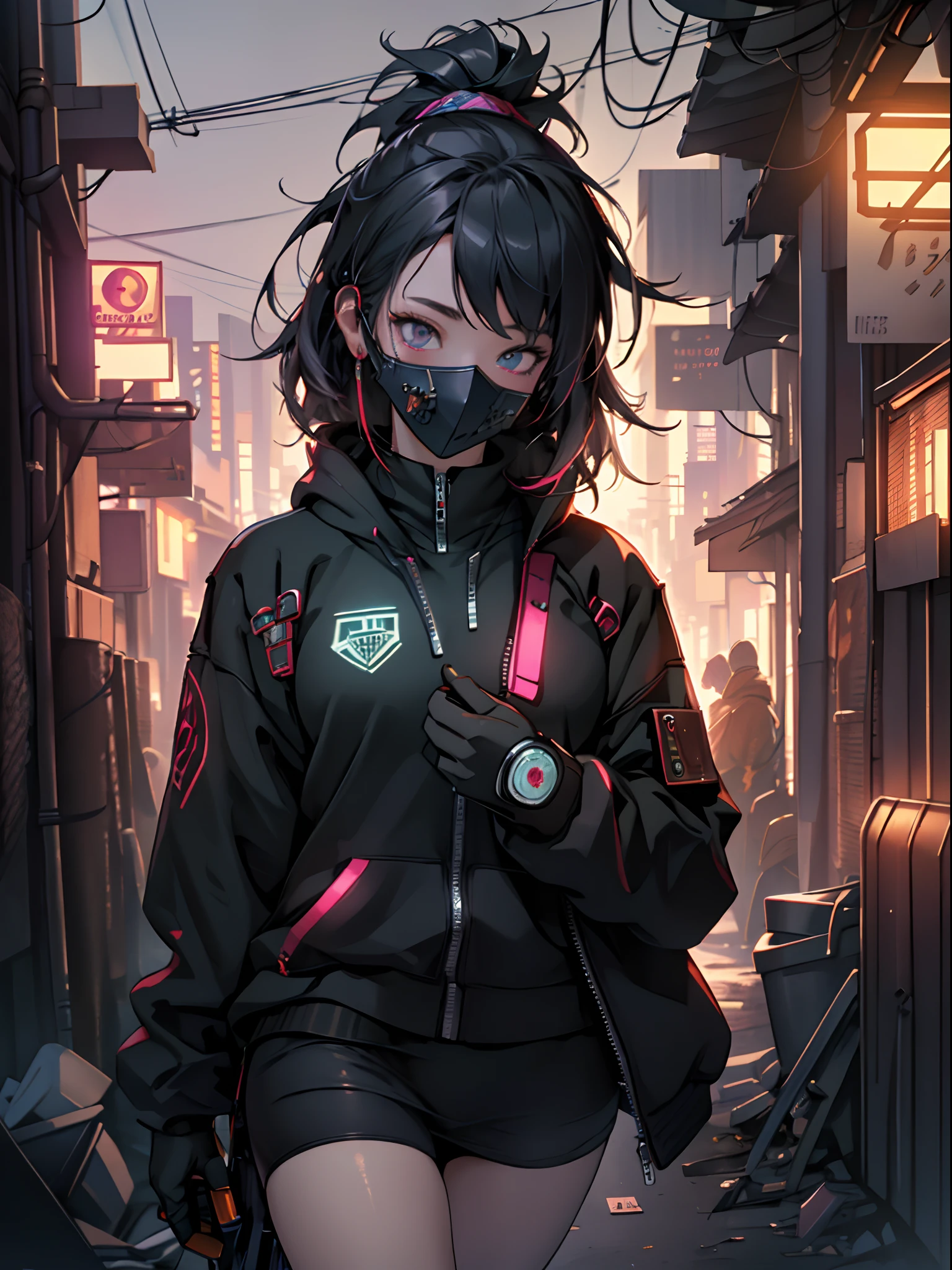 ultra detail, high resolution, ultra detailed, best quality, amazing, top quality, extremely detailed CG unity 8k wallpaper, cinematic lighting, cyberpunk, girl, trash gang facemask