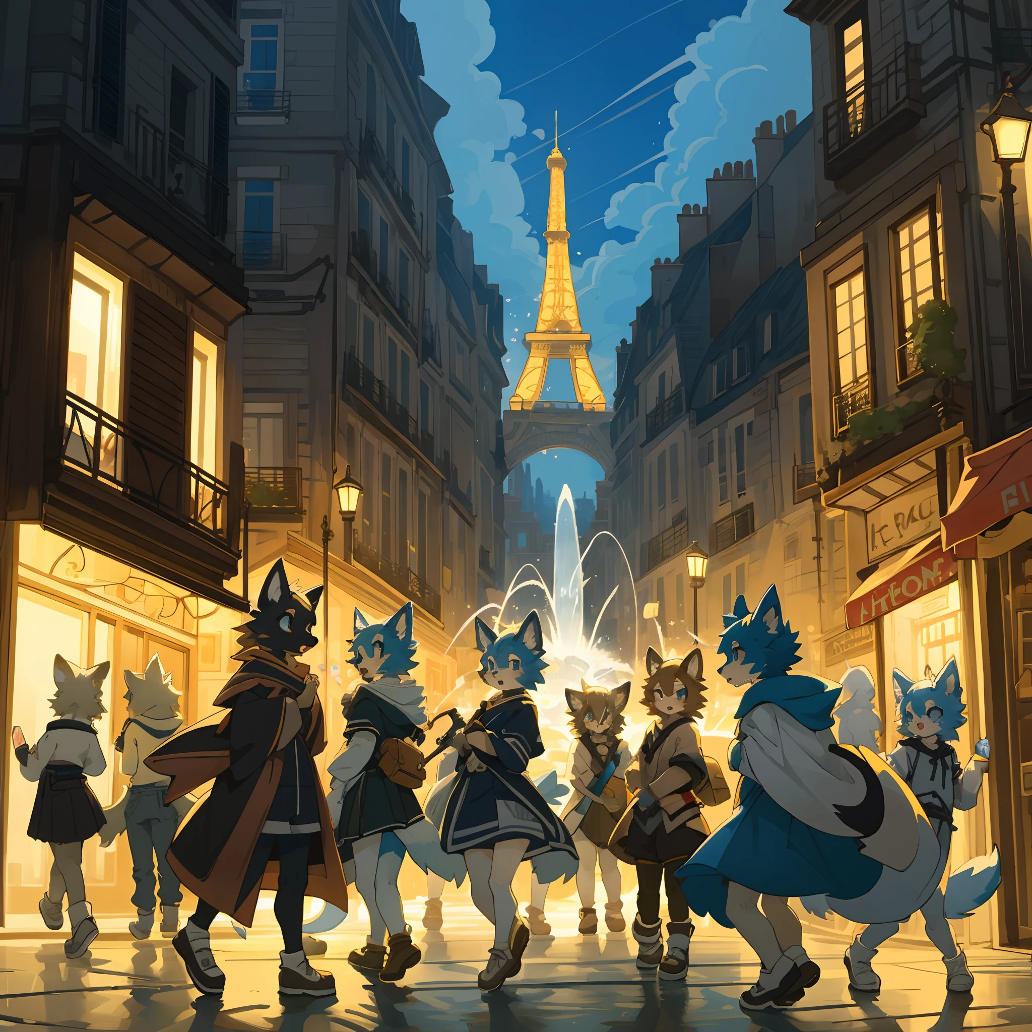 top quality, best quality, High-quality illustrations, masterpiece, super high resolution, detailed background, Streets of Paris, The fountain, 6+boys, 6+girls, absurdres(highly detailed beautiful face and eyes)perfect anatomy, expression, good lighting, cinematic shadow(kemono, furry anthro)assorted poses, dynamic angle, panel layout,